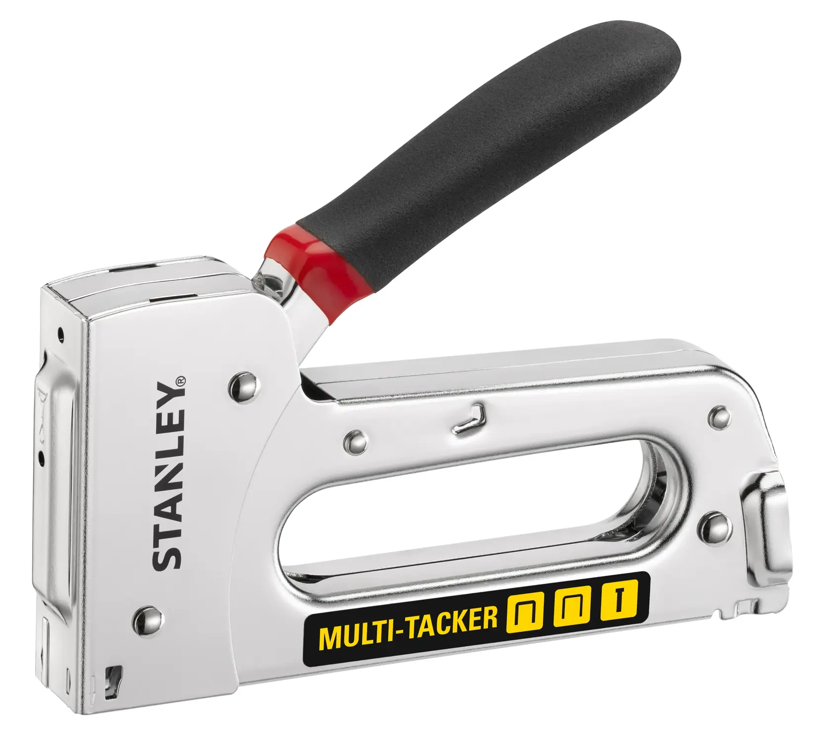 STANLEY STHT6-70410 Chrome Multi-Tacker-Tacker, schräge Ansicht, schwarzer Griff, gelbes Label.