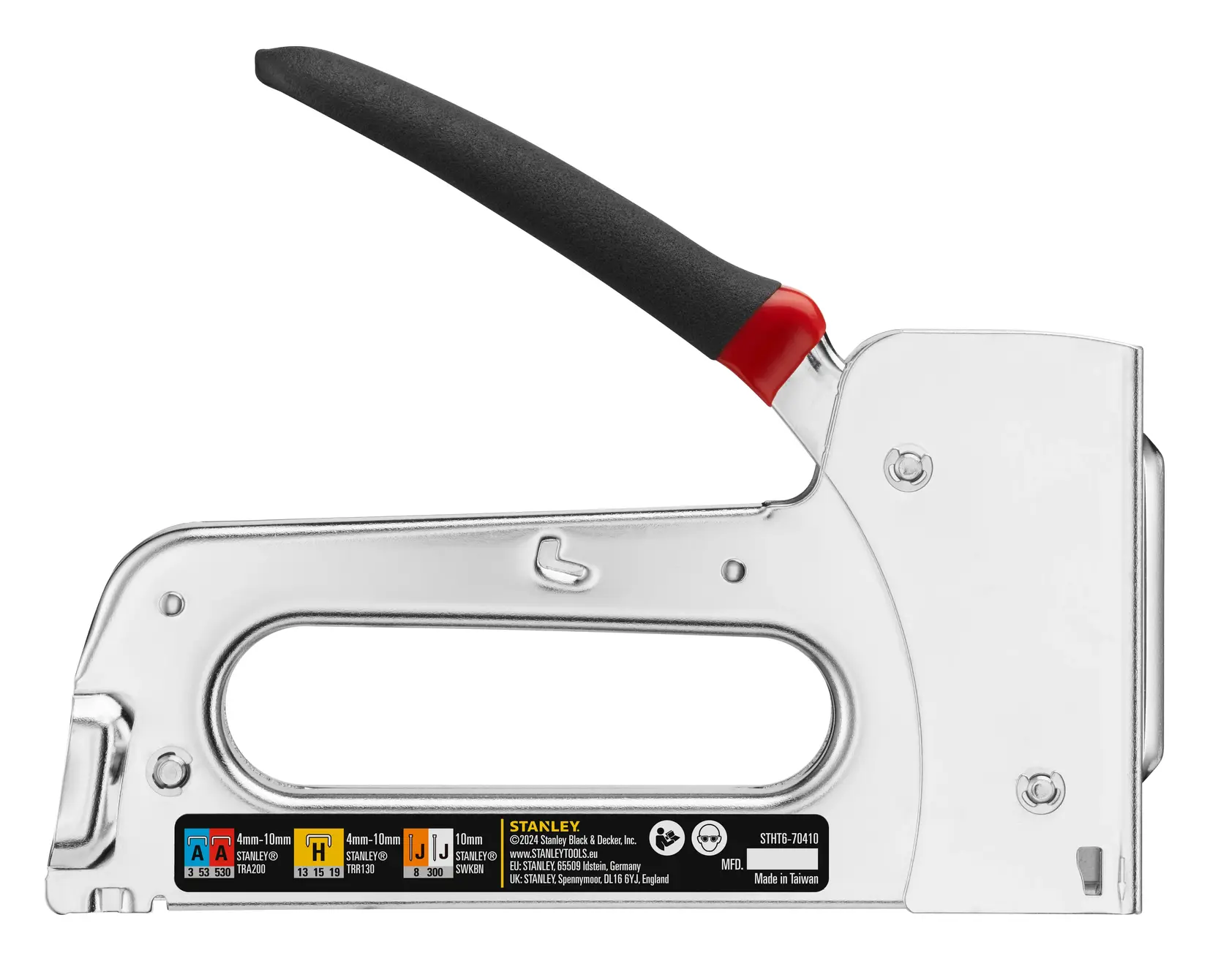 STANLEY STHT6-70410 silberner Handtacker mit schwarzem Griff, Seitenansicht auf weißem Hintergrund.