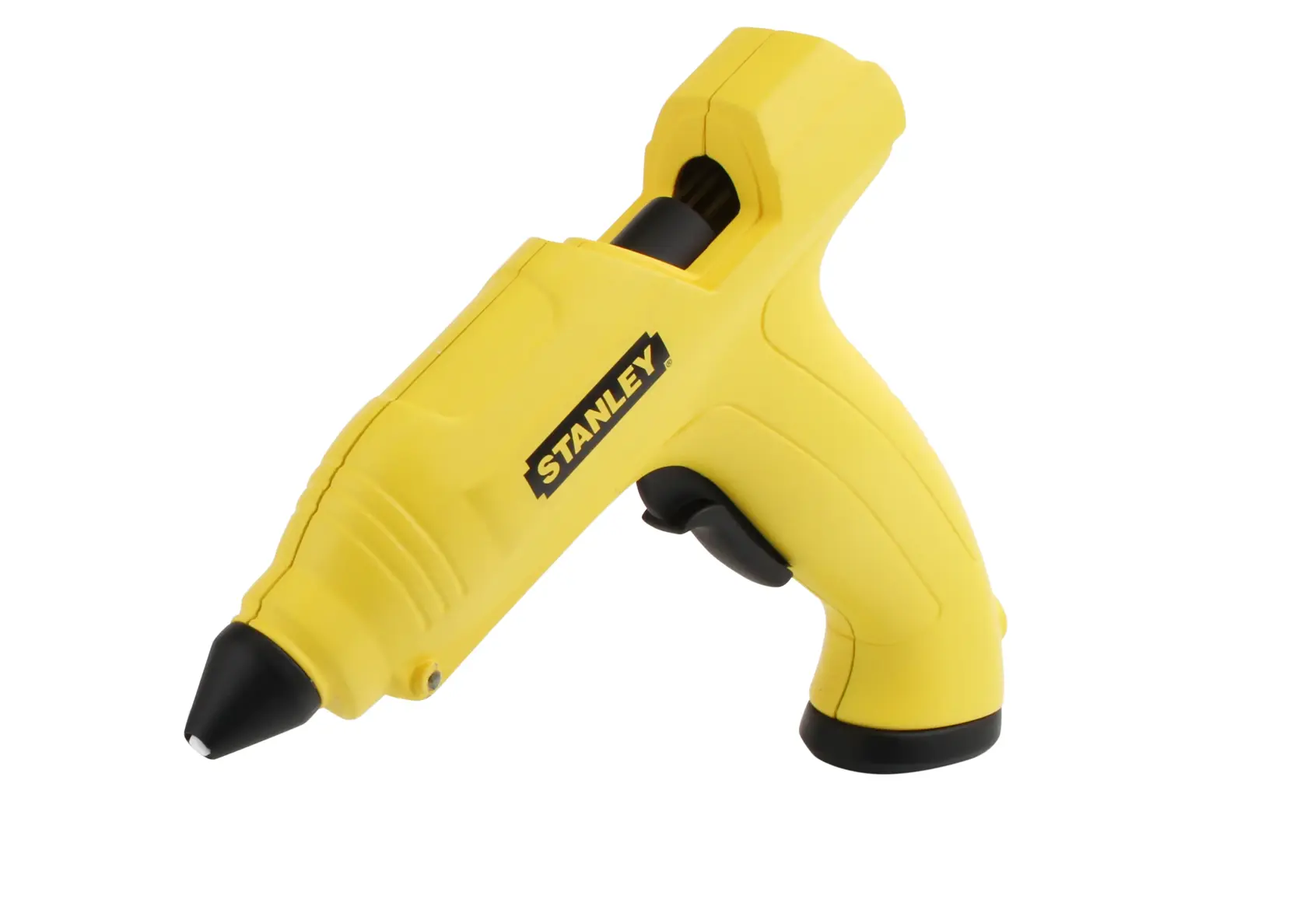 STANLEY STHT6-70416 gelbe Heißklebepistole, Seitenansicht auf weißem Hintergrund, kompaktes Kunststoffdesign.