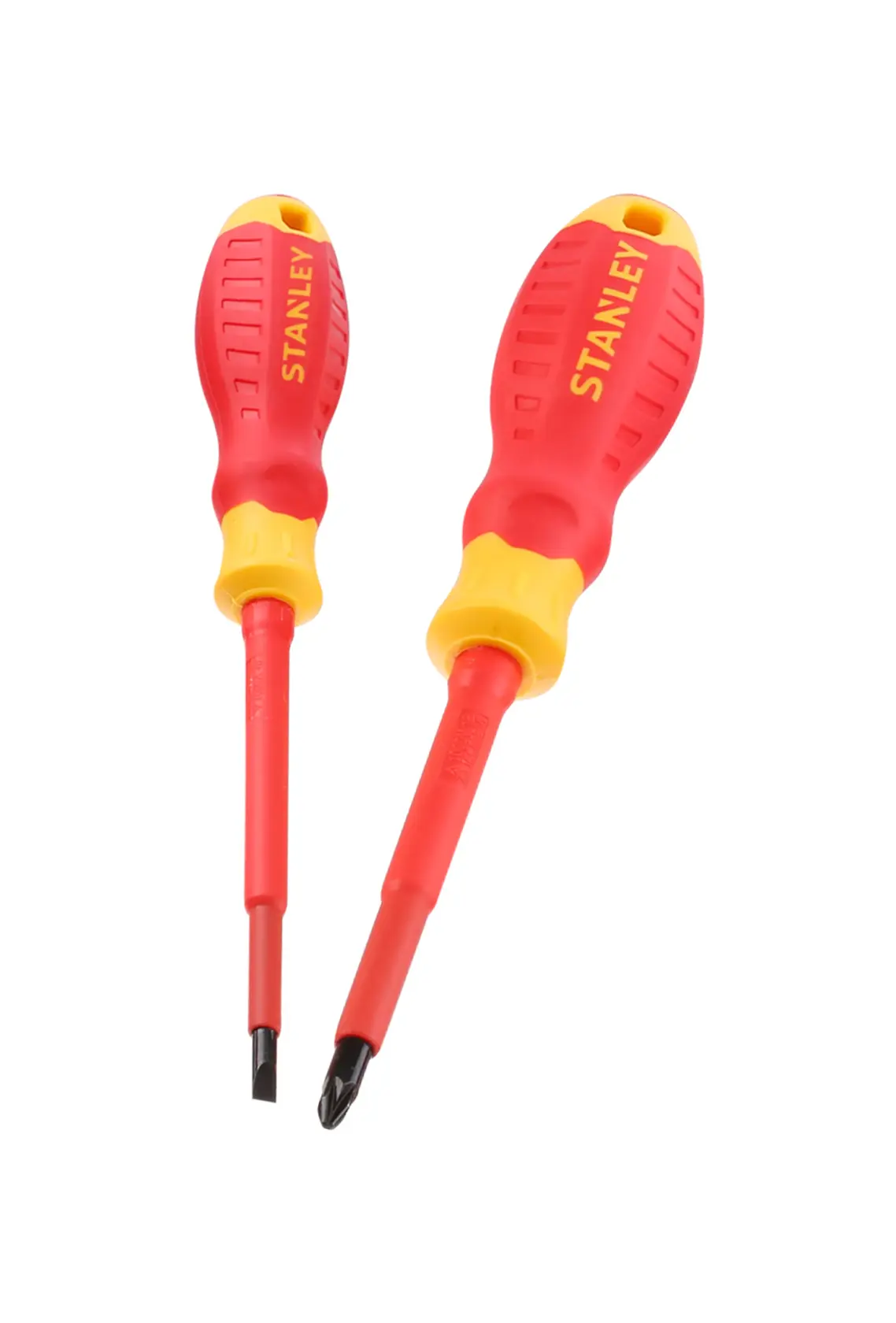 STANLEY STHT60030-0 isolierter Schraubendrehersatz, rot und gelb, Vorderansicht, zwei Stück.