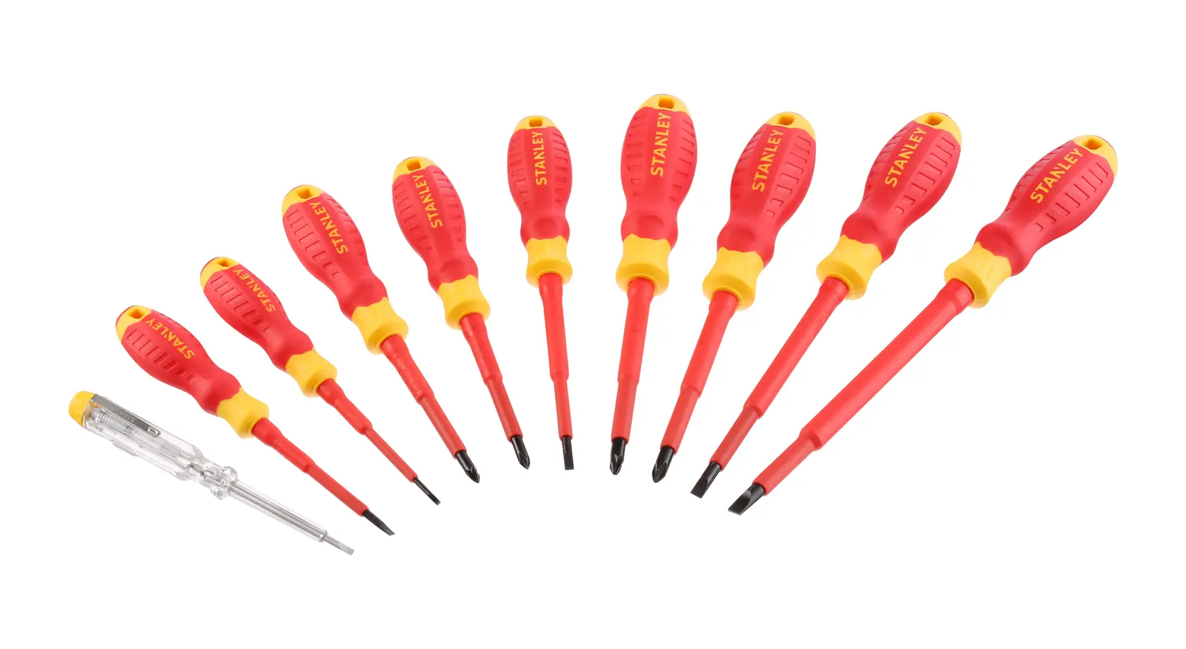 STANLEY STHT60032-0 Schraubendreher-Set, rot-gelbe Griffe, Draufsicht, 10 Stück plus 1 Tester auf weißem Hintergrund.