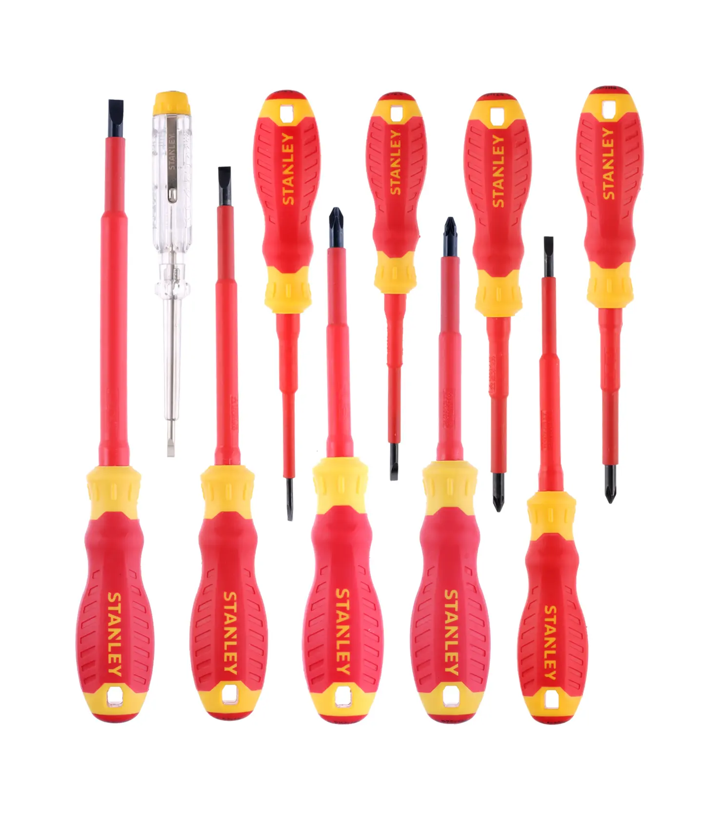 STANLEY STHT60032-0 rot-gelb isolierter Schraubendrehersatz, Vorderansicht, elf Teile.