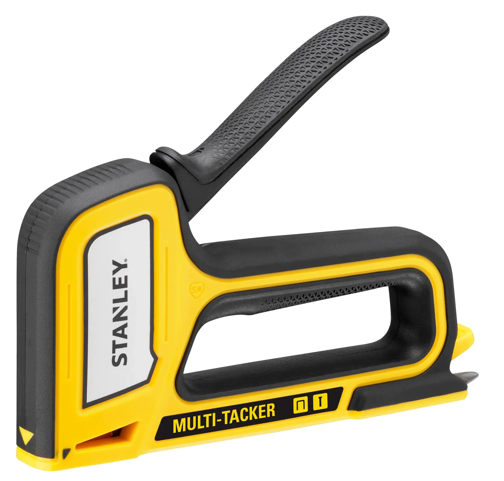 STANLEY STHT70440-0 Multi-Tacker Hefter, gelb und schwarz, Seitenansicht auf weißem Hintergrund.