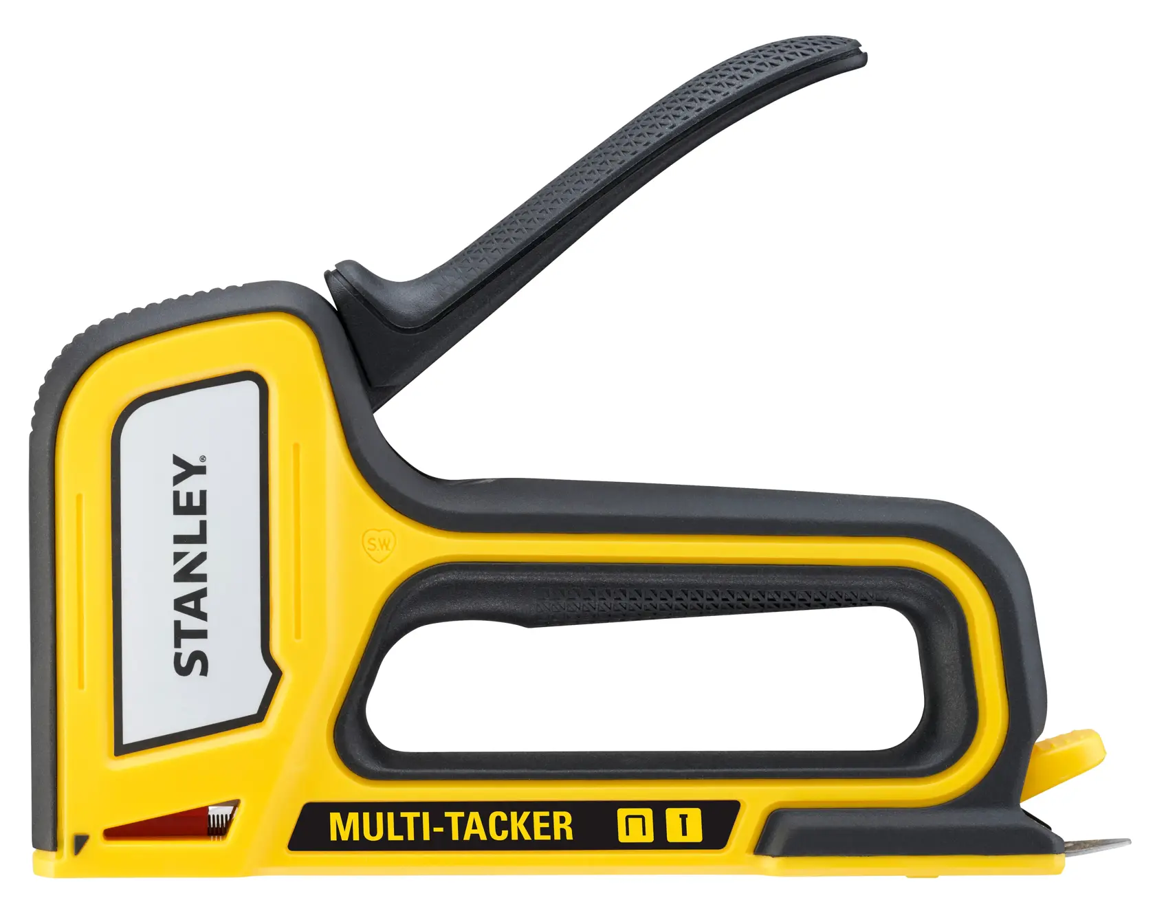 STANLEY STHT70440-0 Multi-Tacker Hefter, gelb und schwarz, linke Seite, weißer Hintergrund.