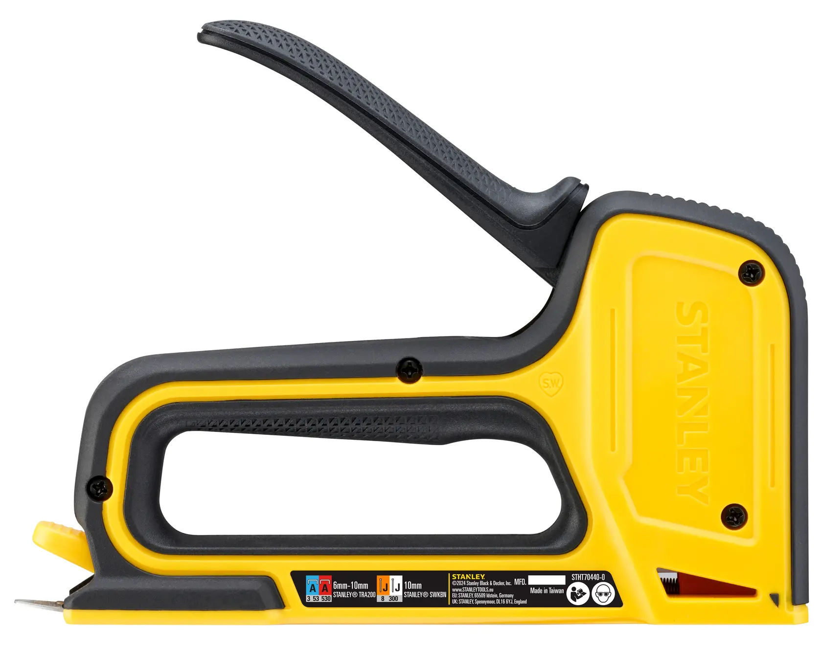 STANLEY STHT70440-0 manueller Tacker, gelb-schwarz, Seitenansicht auf weißem Hintergrund.