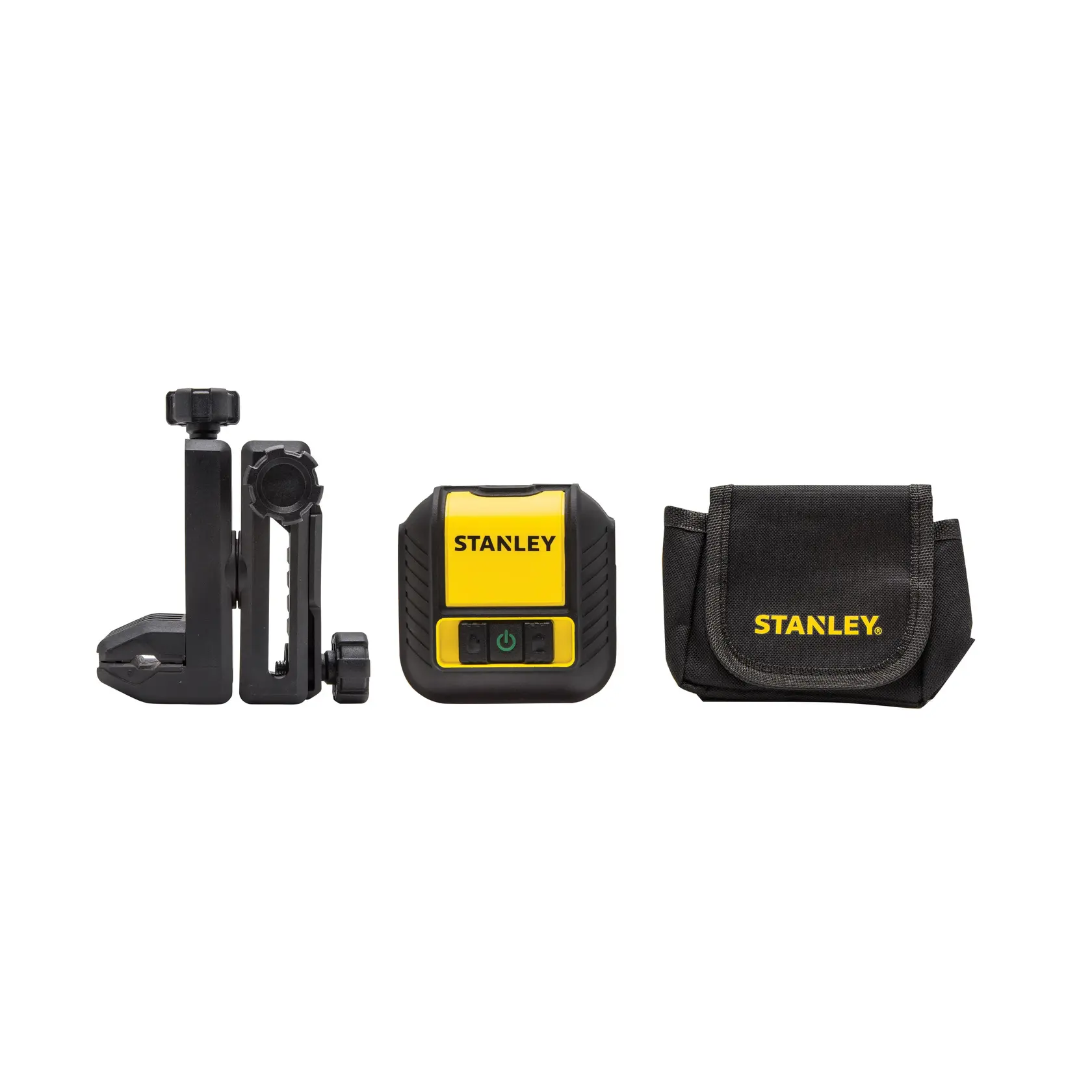 STANLEY STHT77499-1 Laser-Wasserwaage Set mit Halterung und Tasche, Vorderansicht auf weiß.