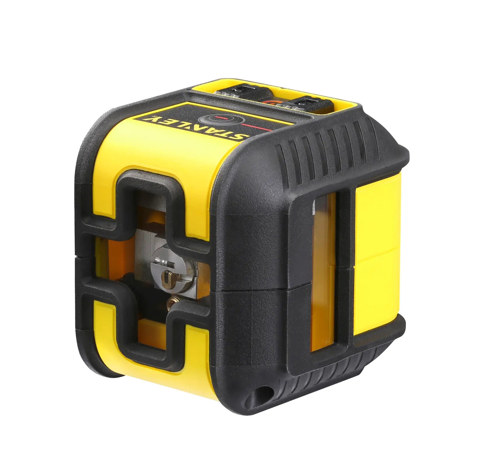 STANLEY STHT77502-1 gelb-schwarzer Laser-Wasserwaage, schräge Ansicht auf weißem Hintergrund.
