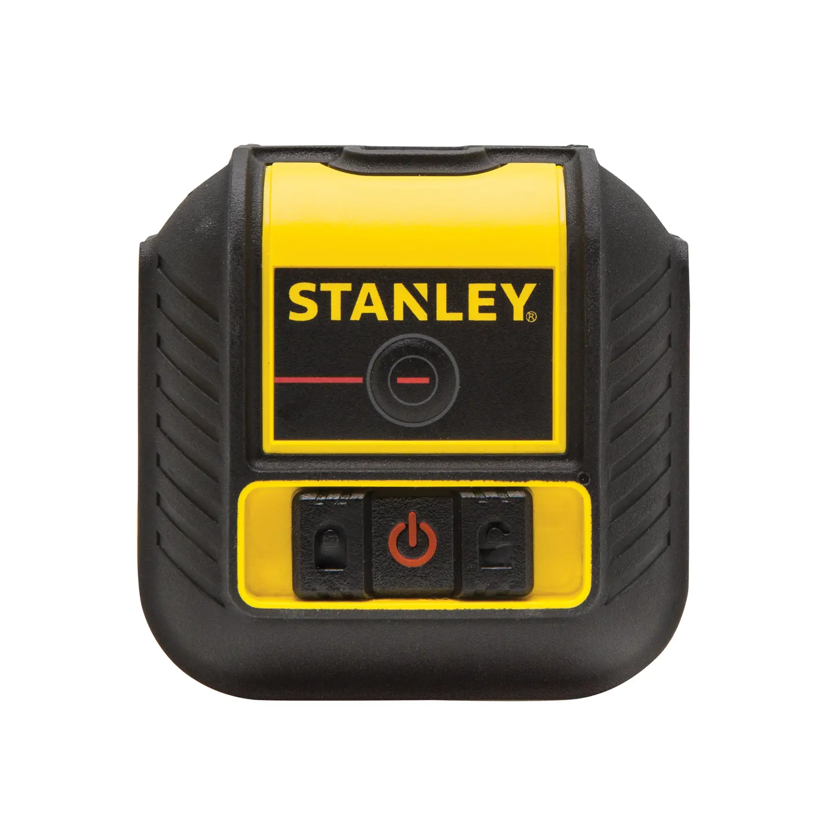 Frontansicht STANLEY STHT77502-1 gelb-schwarzes Laser-Nivelliergerät mit Power- und Sperrtasten.