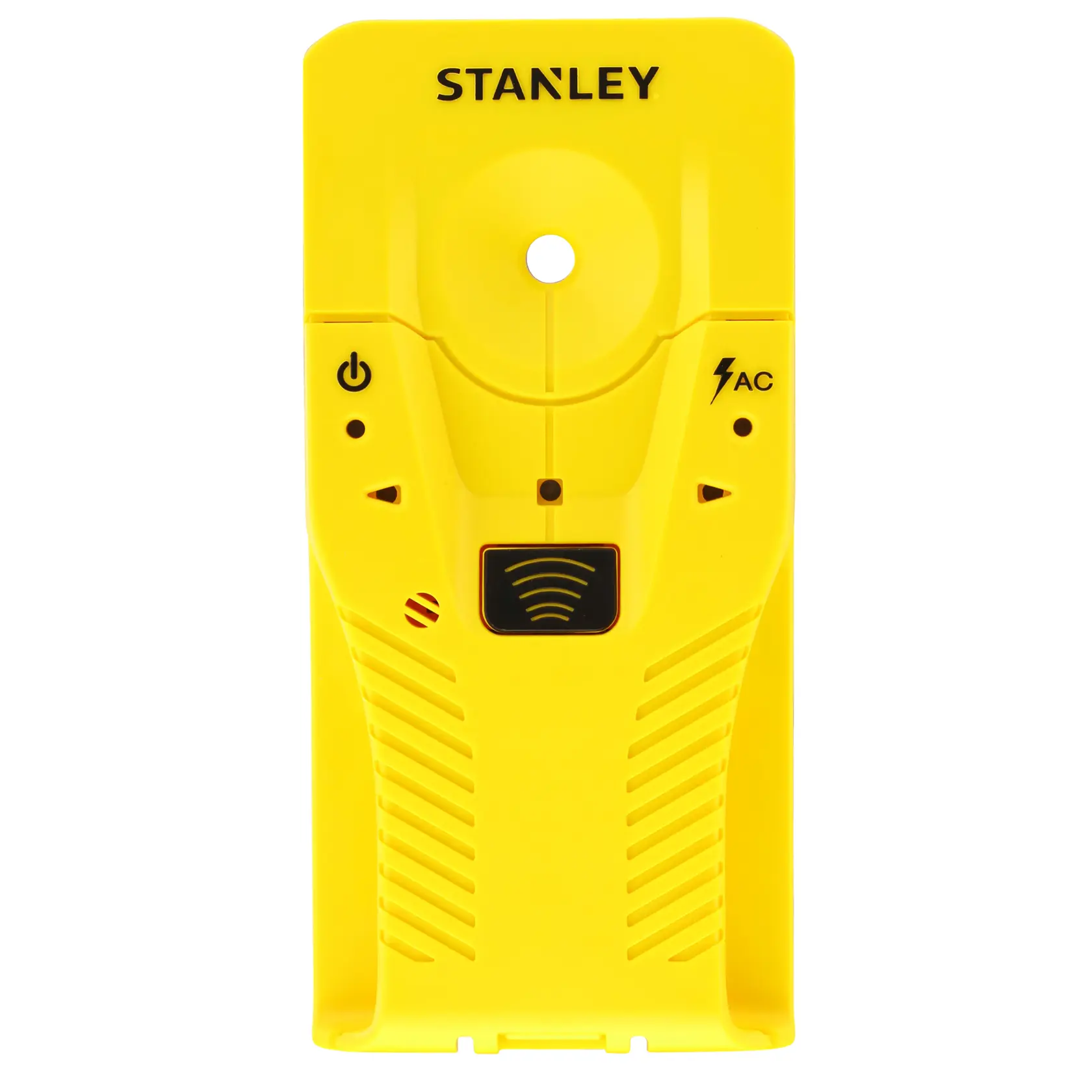 STANLEY STHT77587-0 gelber Bolzensucher, Vorderansicht mit sichtbaren Tasten und Symbolen.
