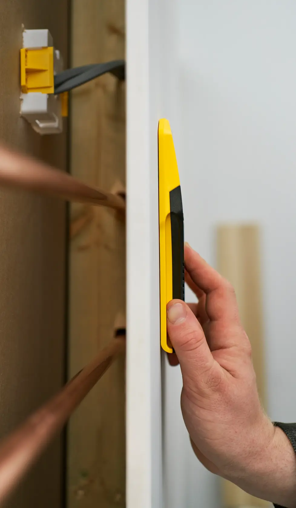 STANLEY STHT77588-0 gelber Balkendetektor am Wand gehalten, Seitenansicht, elektrische Kabel im Hintergrund