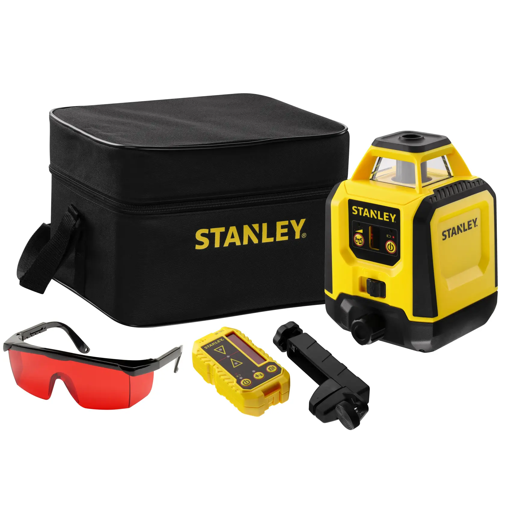 Foto des STANLEY STHT77616-0 Rotationslaser-Kits mit Tasche, roten Schutzbrillen, Detektor und Halterung.
