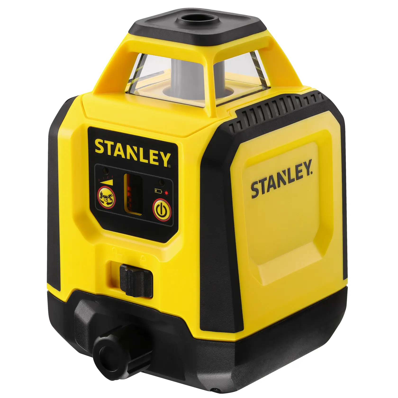 STANLEY STHT77616-0 rotierender Laser-Nivellierer in Gelb und Schwarz, schräge Frontansicht, deutliche Bedienelemente, robustes Design.