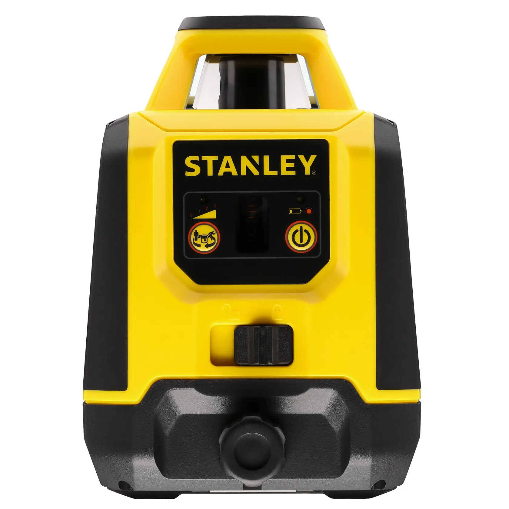STANLEY STHT77616-0 gelb-schwarzer Rotationslaser, Frontansicht vor weißem Hintergrund.