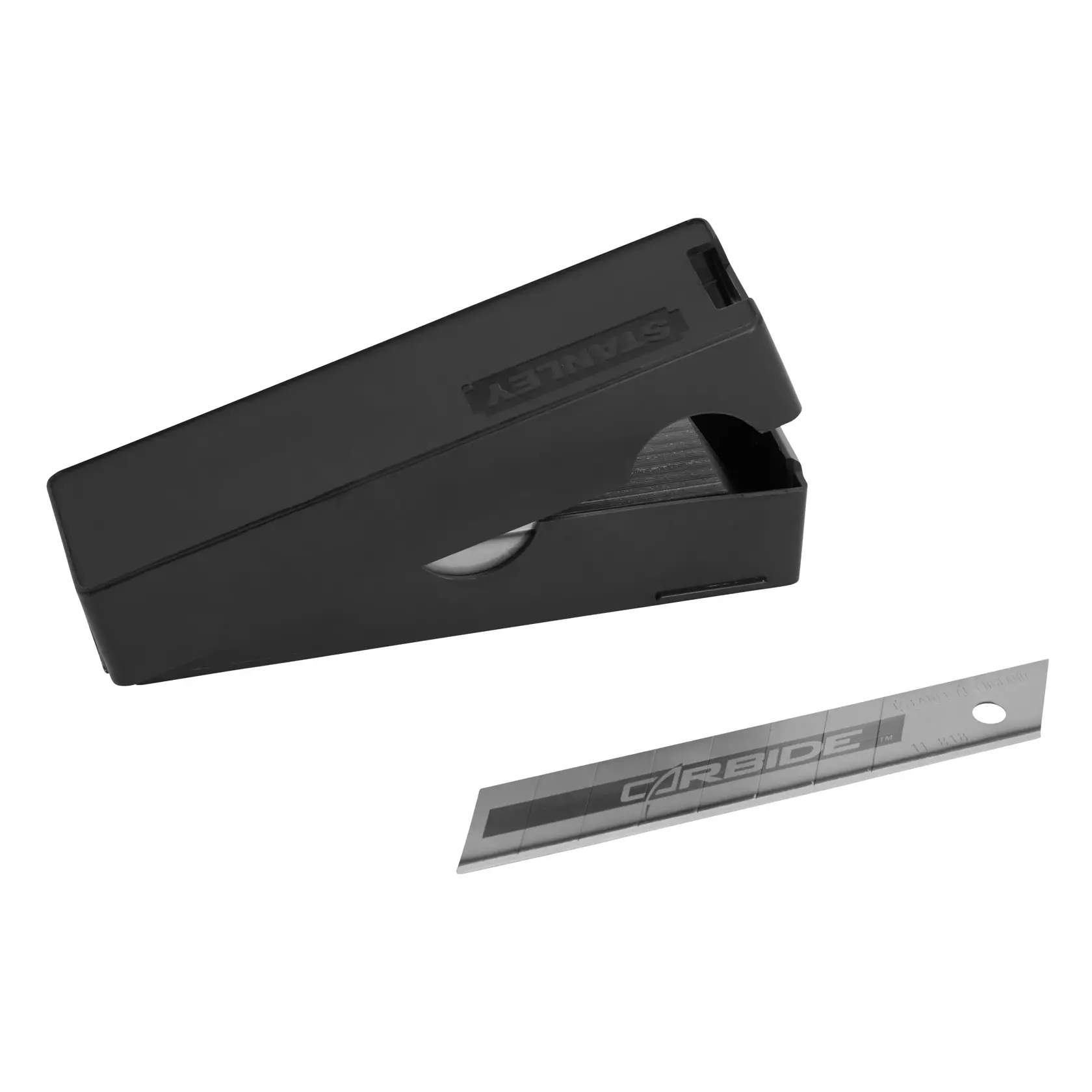 STANLEY STHT8-11818 schwarzer Klingenbehälter mit silberner Snap-Off-Klinge, Vorderansicht.