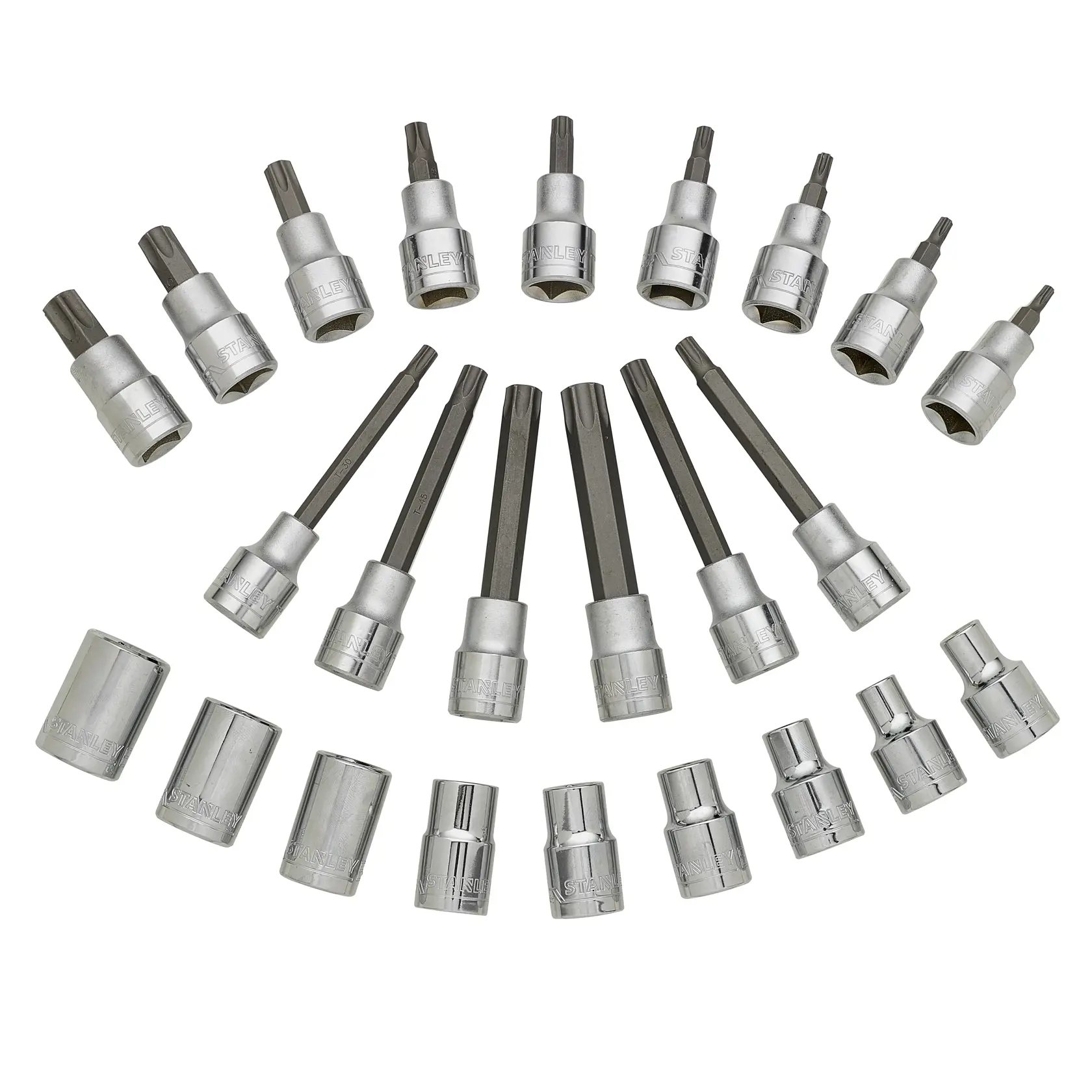 STANLEY STMT1-74176 Stecknuss- und Bit-Set im Halbkreis, silberfarben, Ansicht von oben.