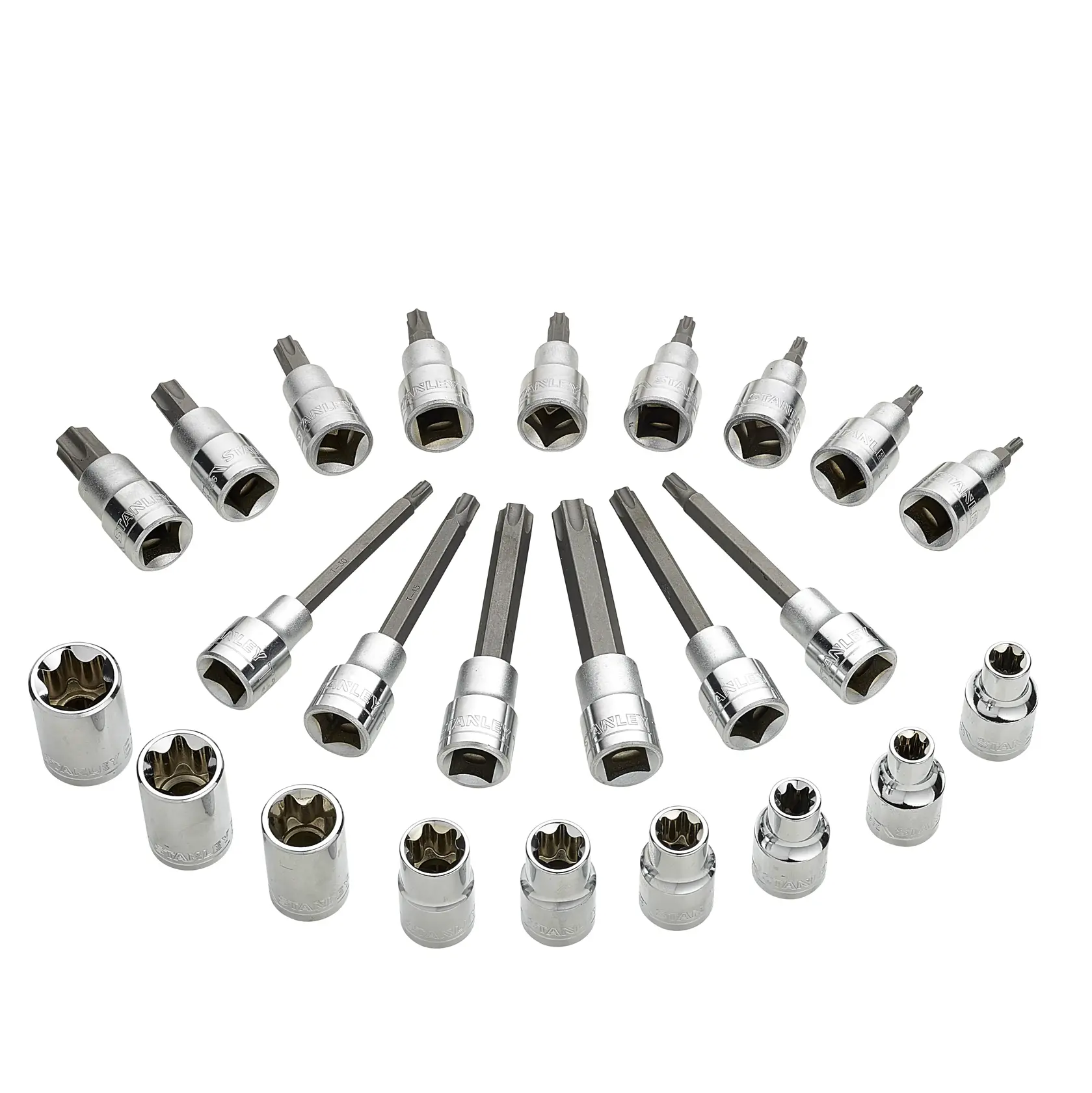 STANLEY STMT1-74176 Steckschlüssel-Bit-Set Fotografie, Chrom-Finish, Draufsicht auf weißem Hintergrund.