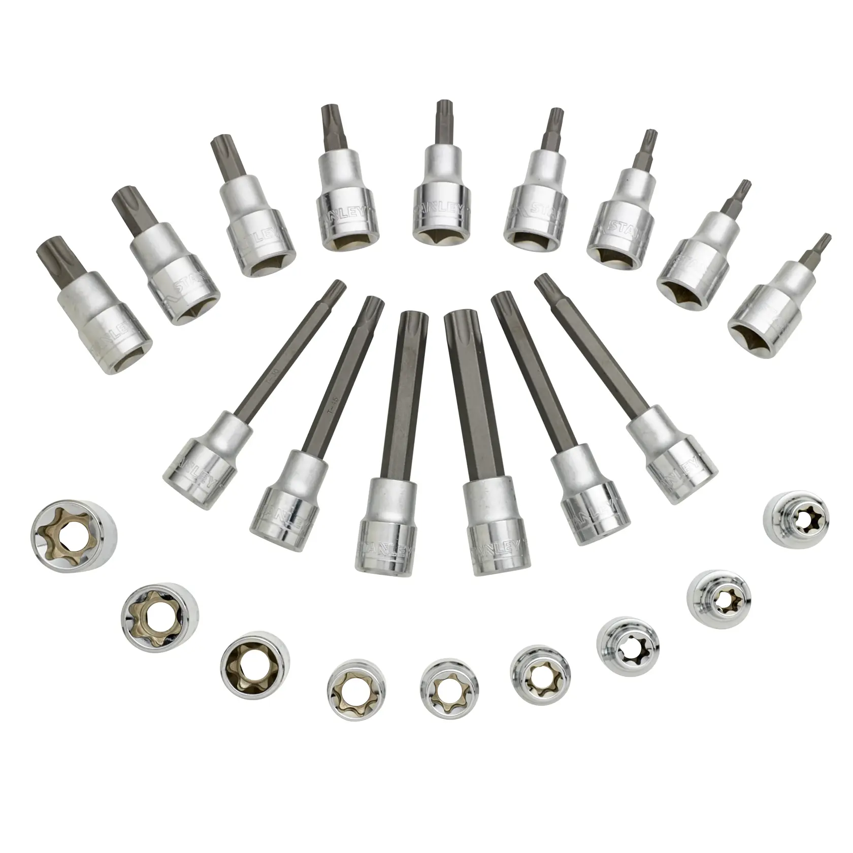 Stanley-Set mit verschiedenen Torx-Nüssen und Bits halbkreisförmig auf weißem Hintergrund.