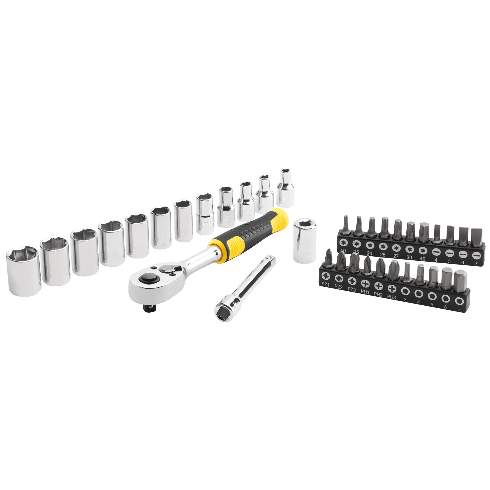 STANLEY STMT82672-0 Steck- und Bit-Set, Vorderansicht, mit Ratsche, Verlängerung, verschiedenen Stecknüssen und Bits.