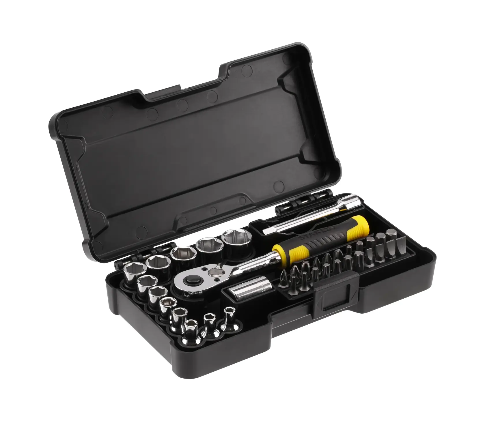 STANLEY STMT82672-0 Steckschlüssel- und Bit-Set im schwarzen Koffer, gelb-schwarzer Griff, Vorderansicht auf Weiß.