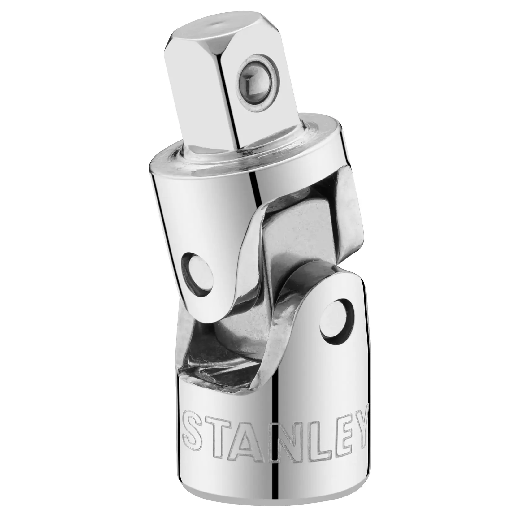 STANLEY STMT86011-0 verchromtes Universal-Gelenk, Frontalansicht, mit eingraviertem Markennamen.