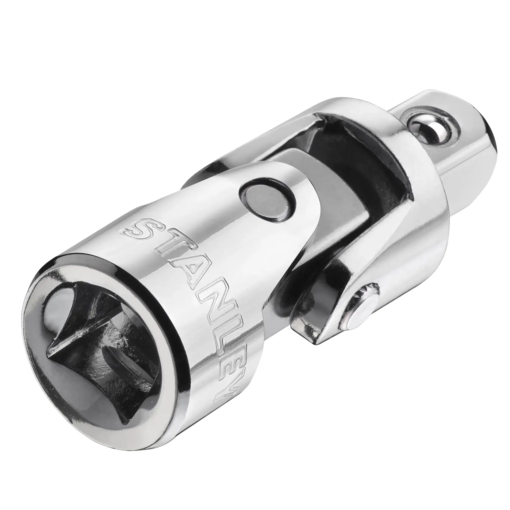STANLEY STMT86011-0 Universal-Gelenkadapter, Nahaufnahme, Chrom, auf weißem Hintergrund.