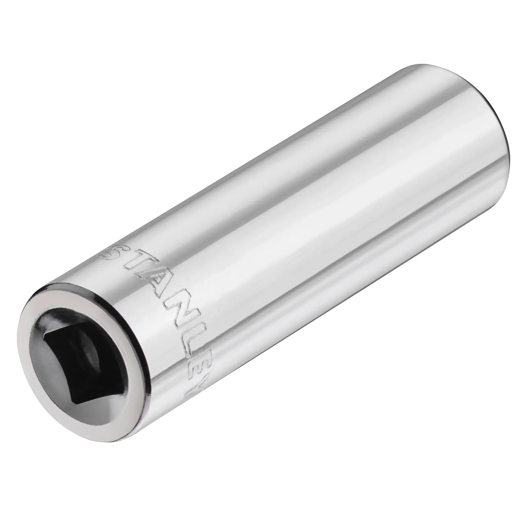 STANLEY STMT86098-0 Chrom-Steckschlüssel, zylindrisch, schräge Vorderansicht, Werkzeugzubehör auf weißem Hintergrund.