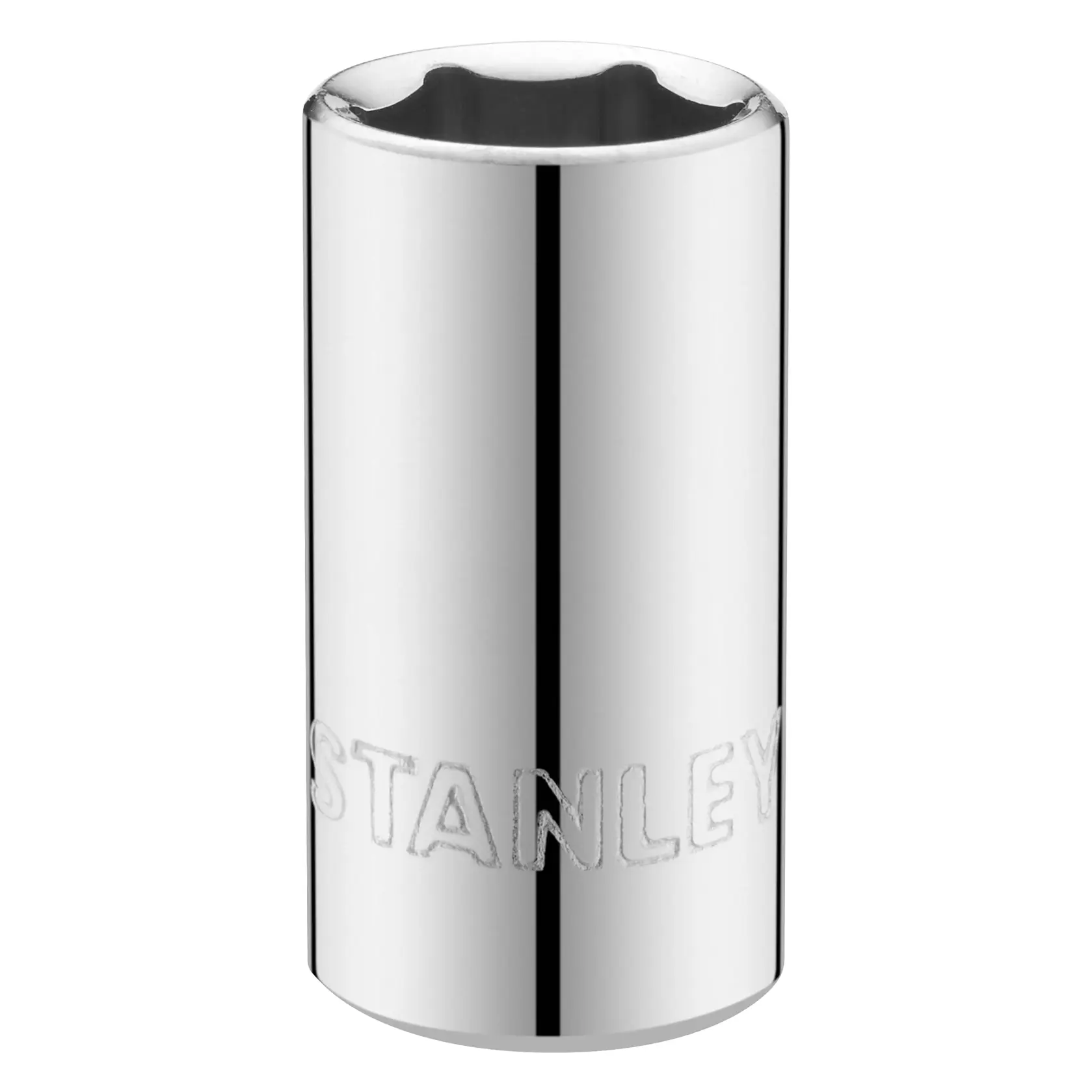 STANLEY STMT86106-0 zylindrischer Chrom-Steckschlüssel, Frontalansicht, eingeprägtes Branding.