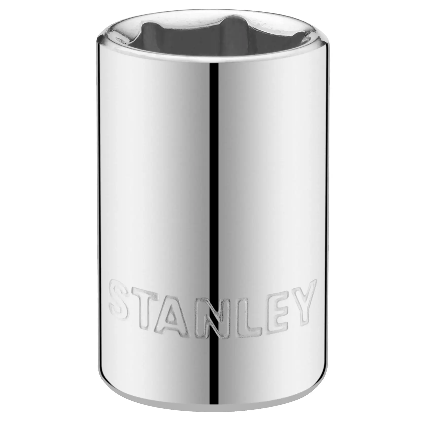 STANLEY STMT86108-0 Chrom-Stecknuss, zylindrisches Design, Vorderansicht, sichtbares Logo, weißer Hintergrund.