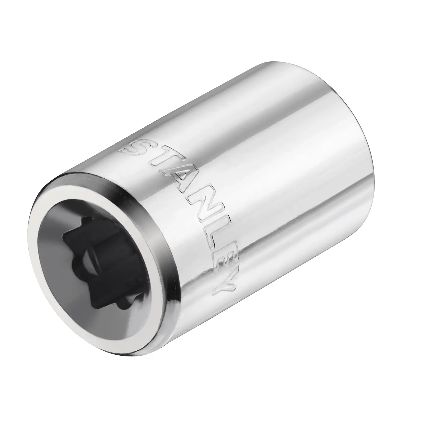 STANLEY STMT86108-0 Chrom-Stecknuss, zylindrisches Handwerkzeug, schräge Ansicht, Markenname geprägt, weißer Hintergrund.