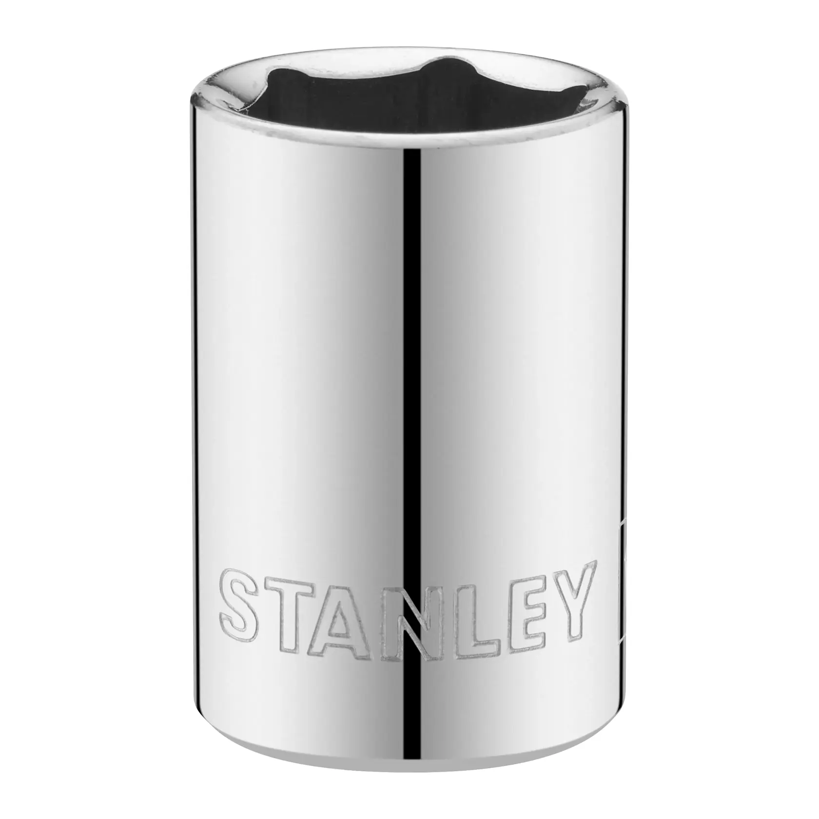 STANLEY STMT86109-0 Chrom-Steckschlüssel, zylindrische Form, Draufsicht, weißer Hintergrund.