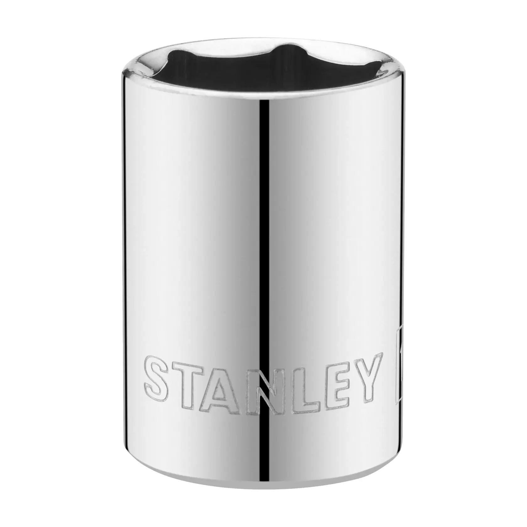 STANLEY STMT86112-0 Chrom-Stecknuss, zylindrisch, auf weißem Hintergrund fotografiert.