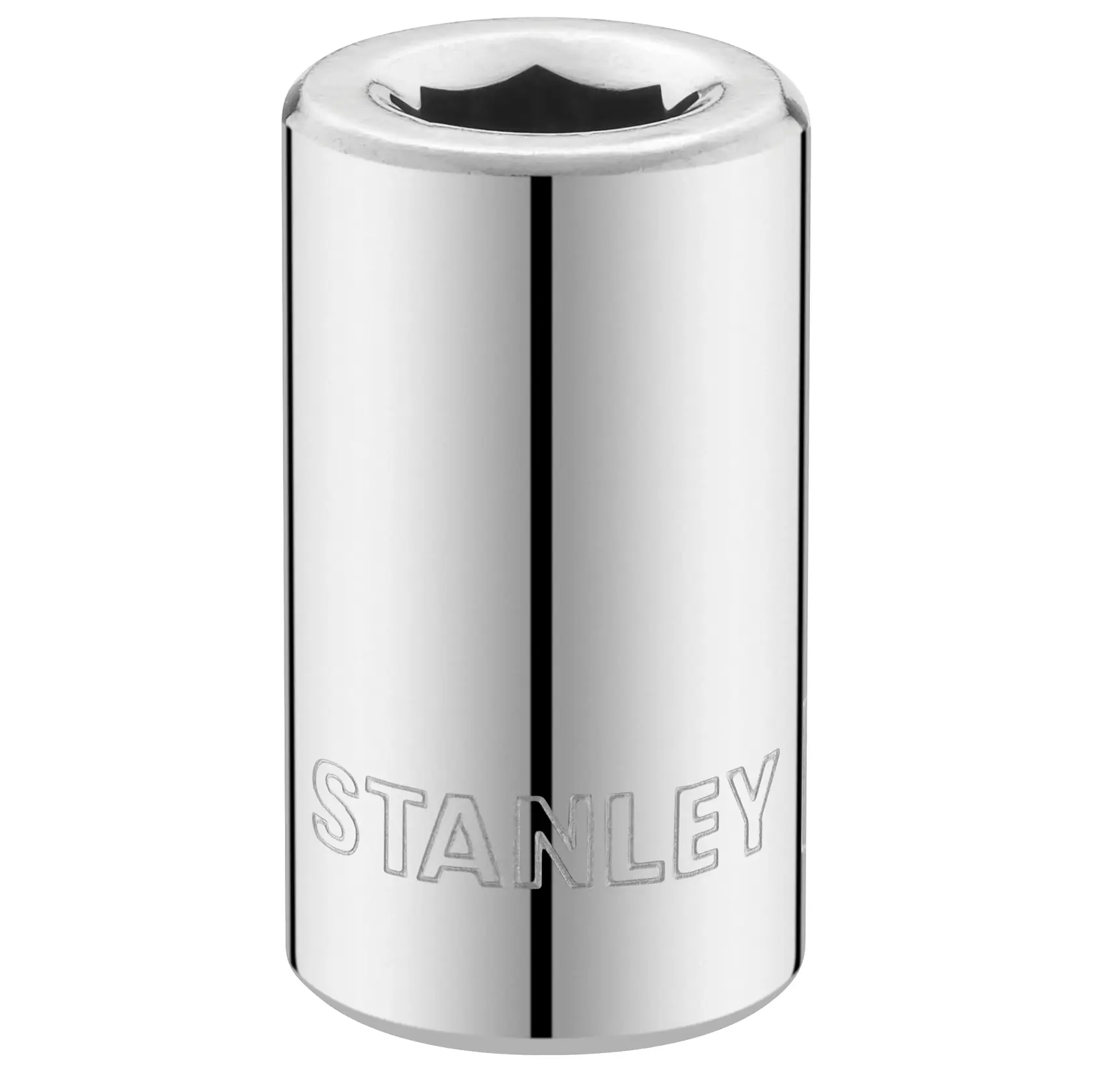 STANLEY STMT86124-0 Chrom-Steckschlüssel, graviertes Logo, Frontansicht, weißer Hintergrund, Auto-Werkzeug.