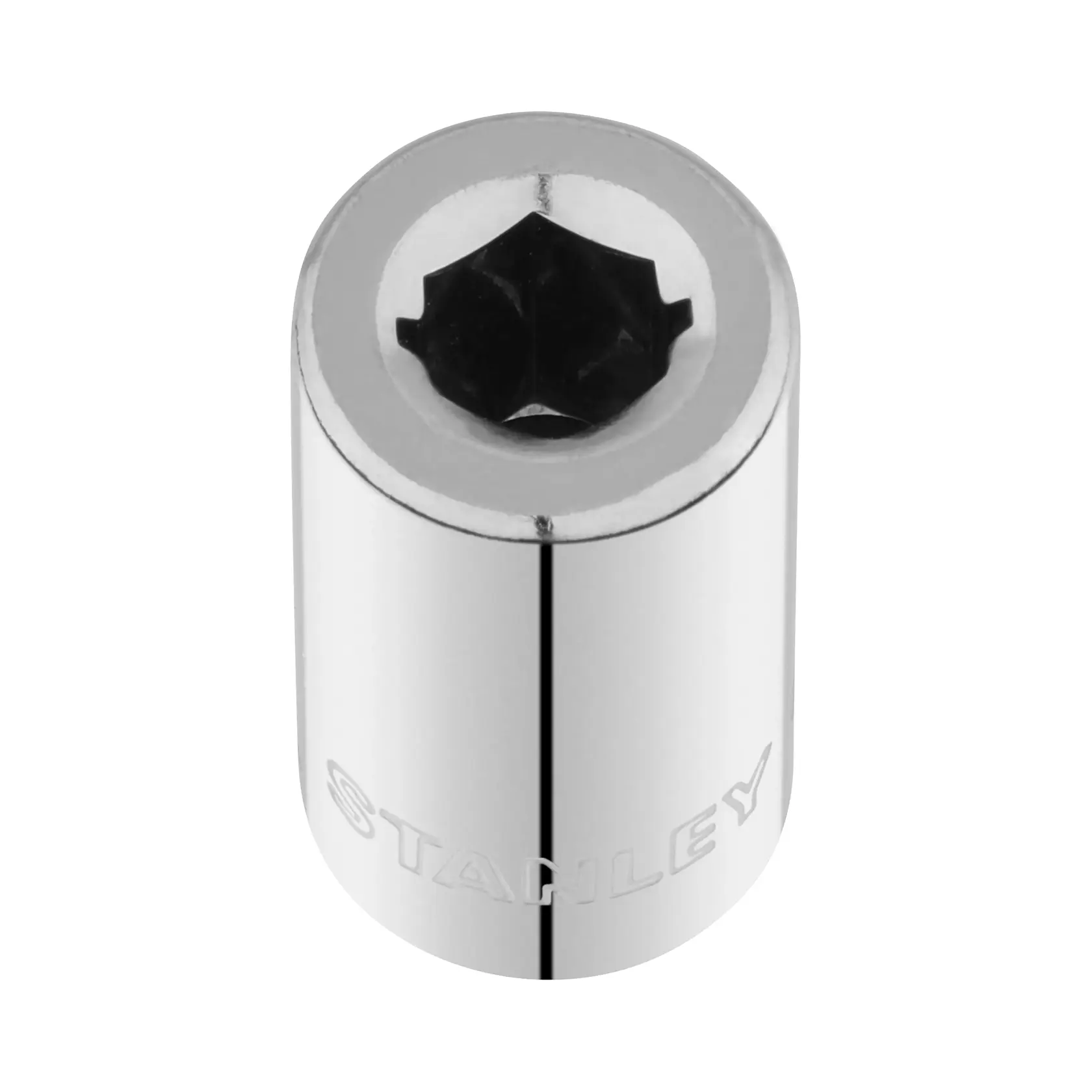 STANLEY STMT86124-0 Chrom-Stecknuss, Draufsicht auf weißem Hintergrund, Werkzeugzubehör.