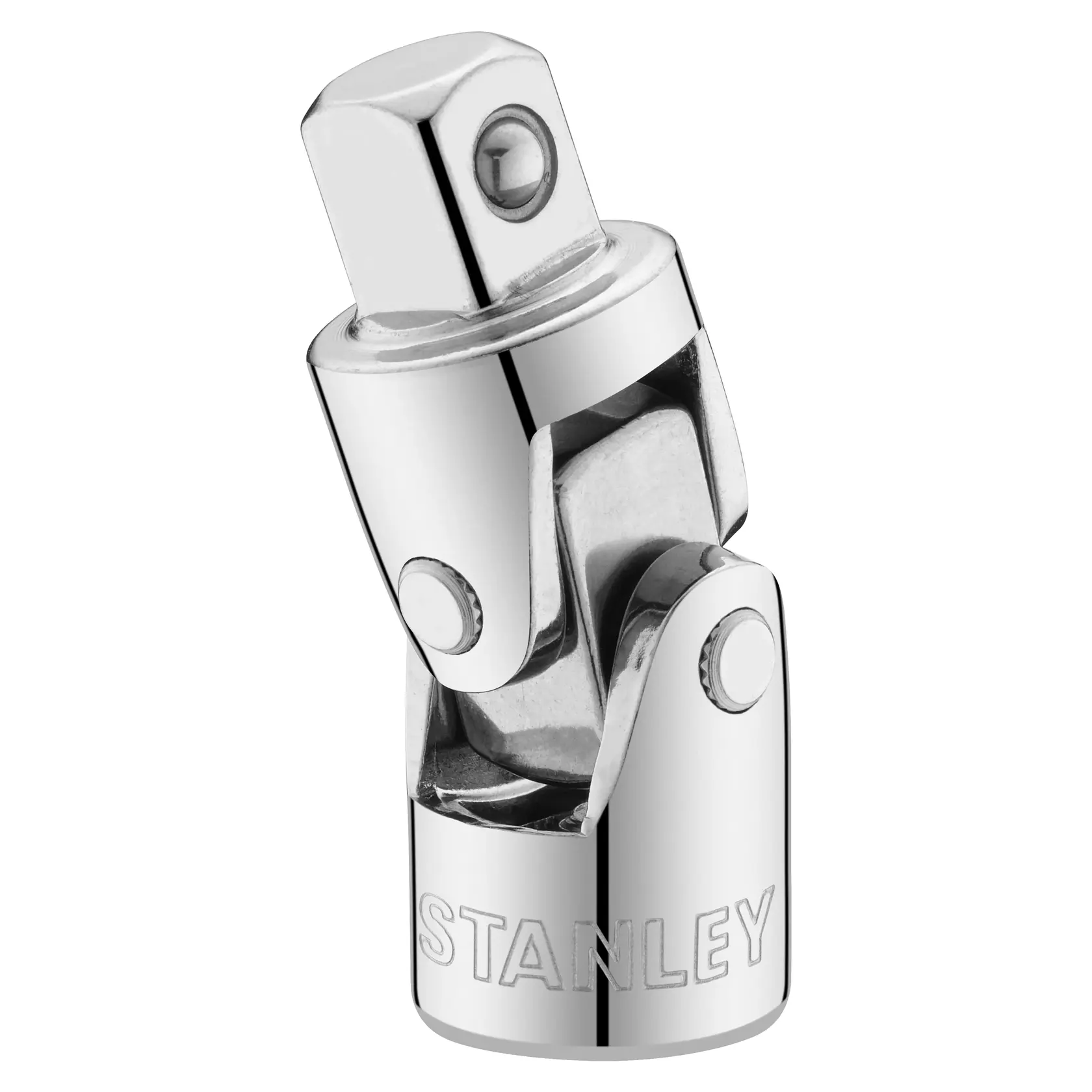Foto des STANLEY STMT86211-0 Universal-Gelenkadapters, Chromoptik, Vorderansicht, auf weißem Hintergrund.