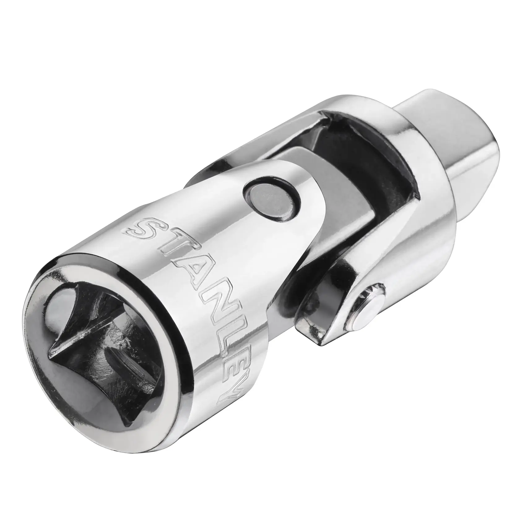 STANLEY STMT86211-0 verchromter Universal-Gelenkadapter, Nahaufnahme schräg auf weißem Hintergrund.