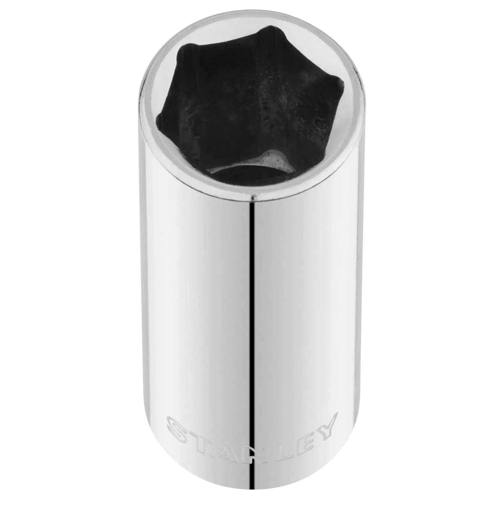 STANLEY STMT86289-0 chrom Steckschlüssel, Sechskantform, vertikaler Winkel, Fotografie auf weißem Hintergrund.