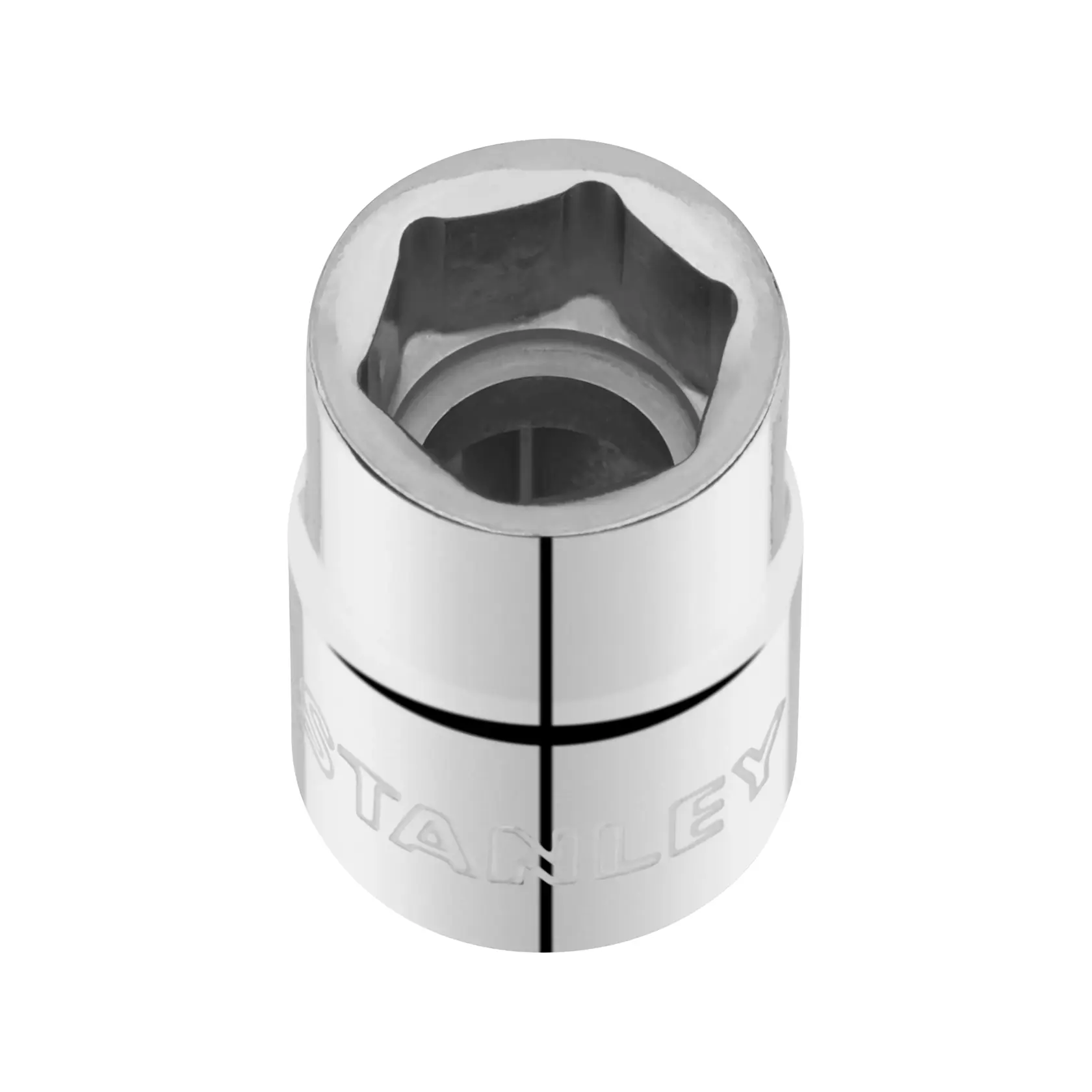 Foto von STANLEY STMT86306-0 Chrom-Stecknuss, Sechskant-Design, Werkzeugzubehör, Draufsicht auf weißem Hintergrund.
