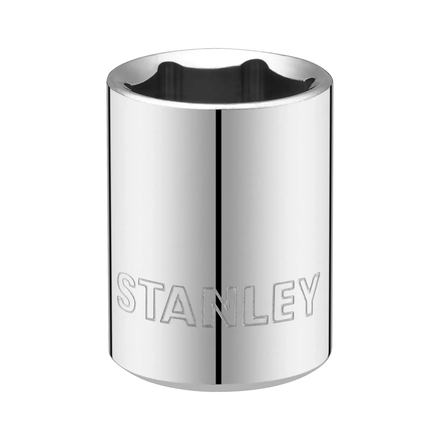STANLEY STMT86309-0 Chrom-Stecknuss, zylindrische Form, graviertes Logo, Frontansicht auf weißem Hintergrund.