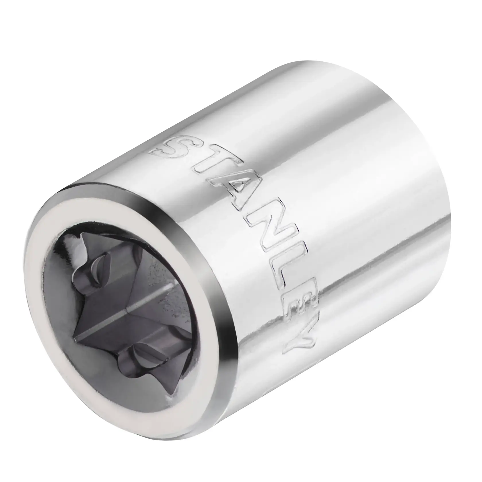 STANLEY STMT86310-0 Chrom-Steckschlüssel, Nahaufnahme im Winkel, mit graviertem Logo und glänzender Metalloberfläche.