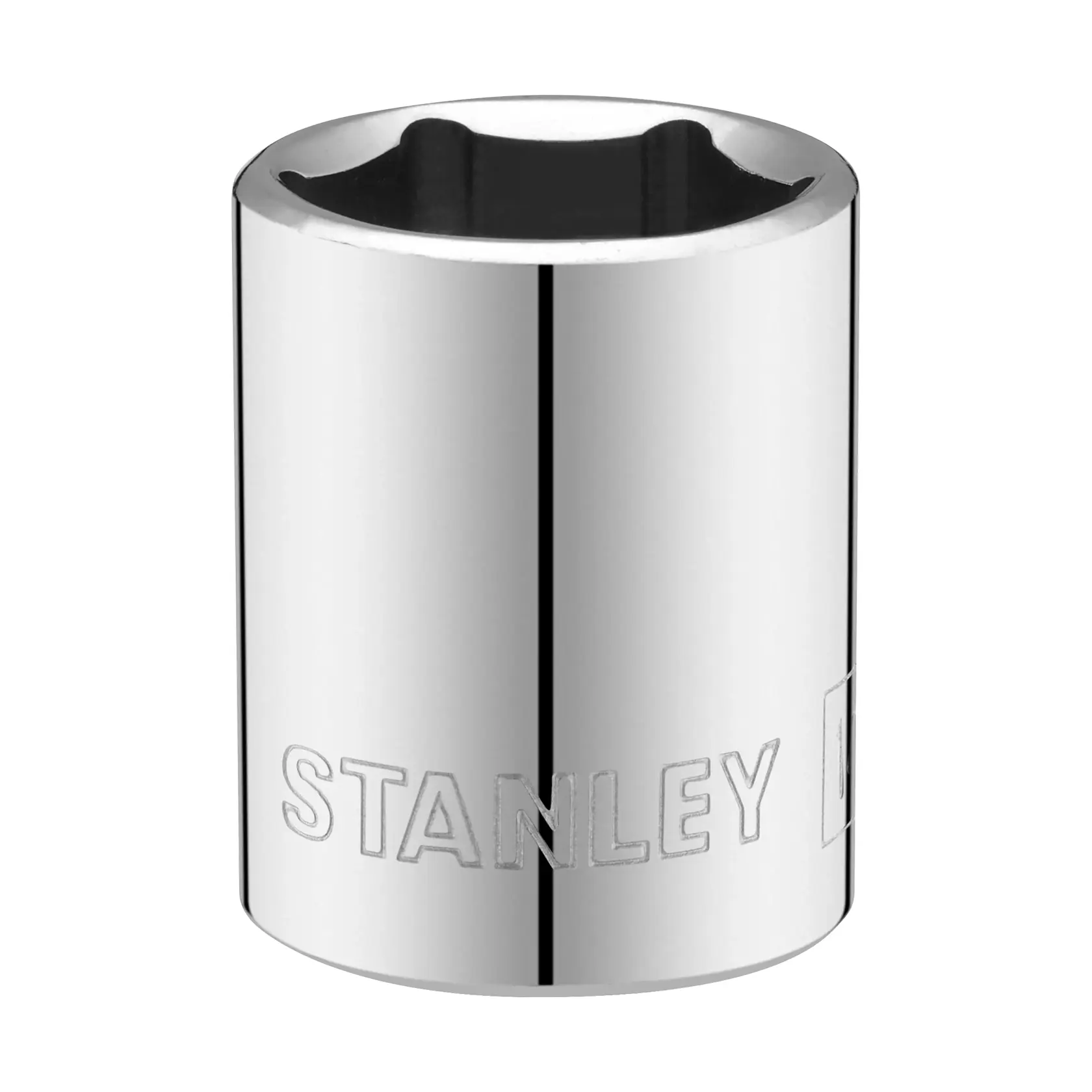 STANLEY STMT86312-0 Chrom-Steckschlüssel, Frontansicht, polierte Oberfläche und eingravierter Markenname.