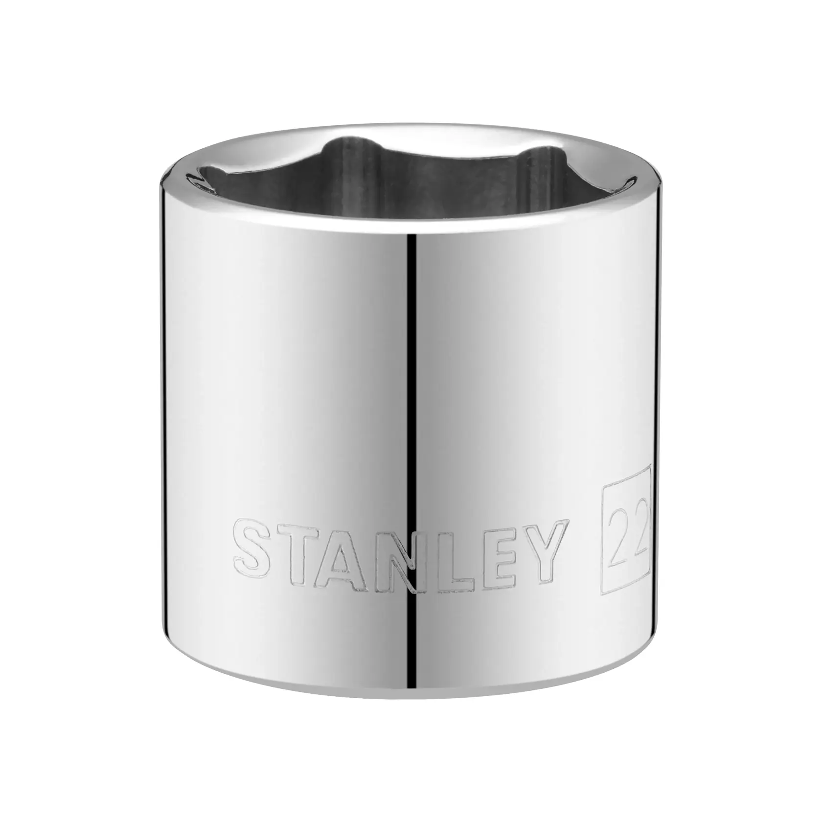 STANLEY STMT86317-0 Chrom-Steckschlüssel Werkzeug, Vorderansicht, 22mm Größe, glänzende Oberfläche.