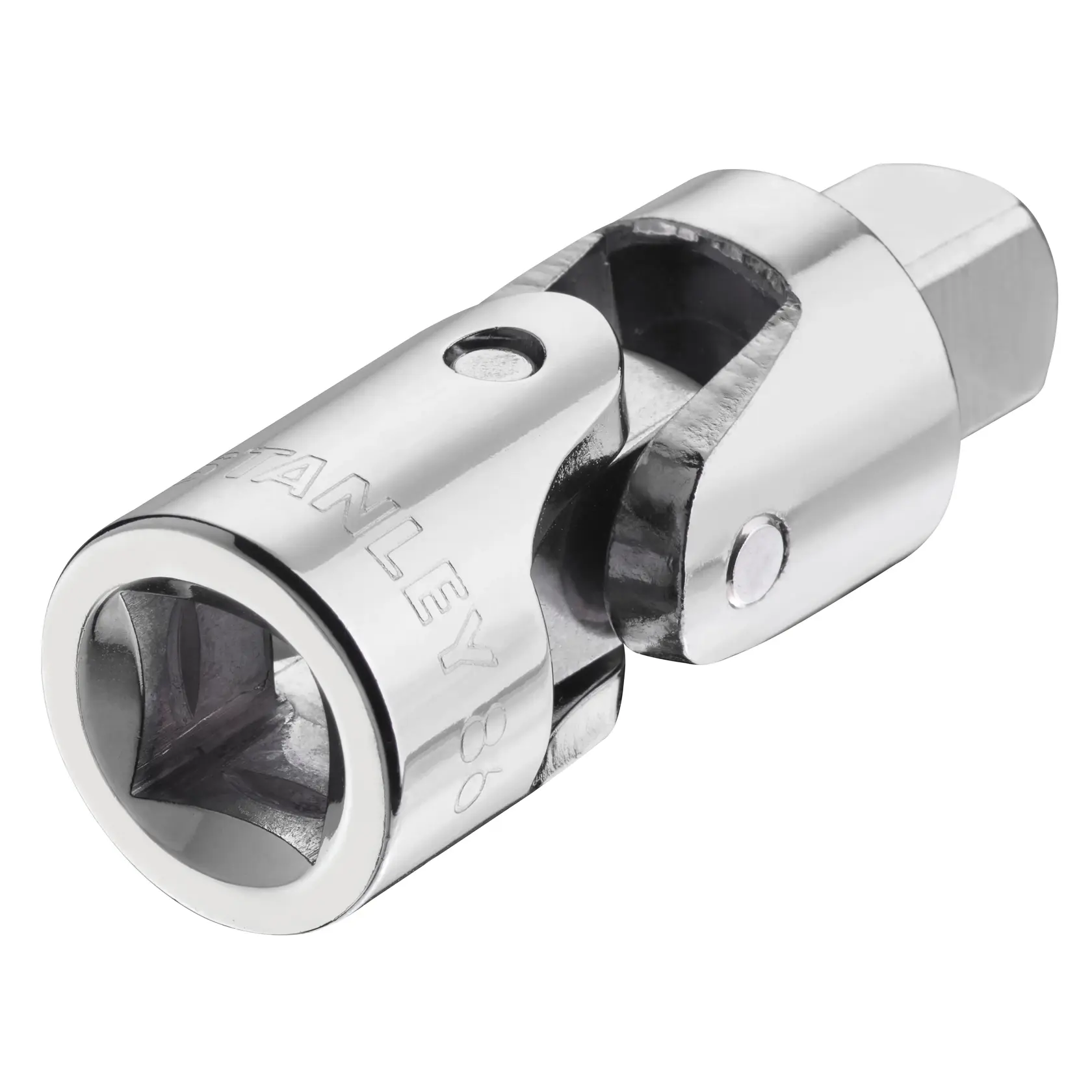 STANLEY STMT86411-0 Chromgelenk Fotografie, Seitenansicht, silbernes Finish, Stecknusszubehör.
