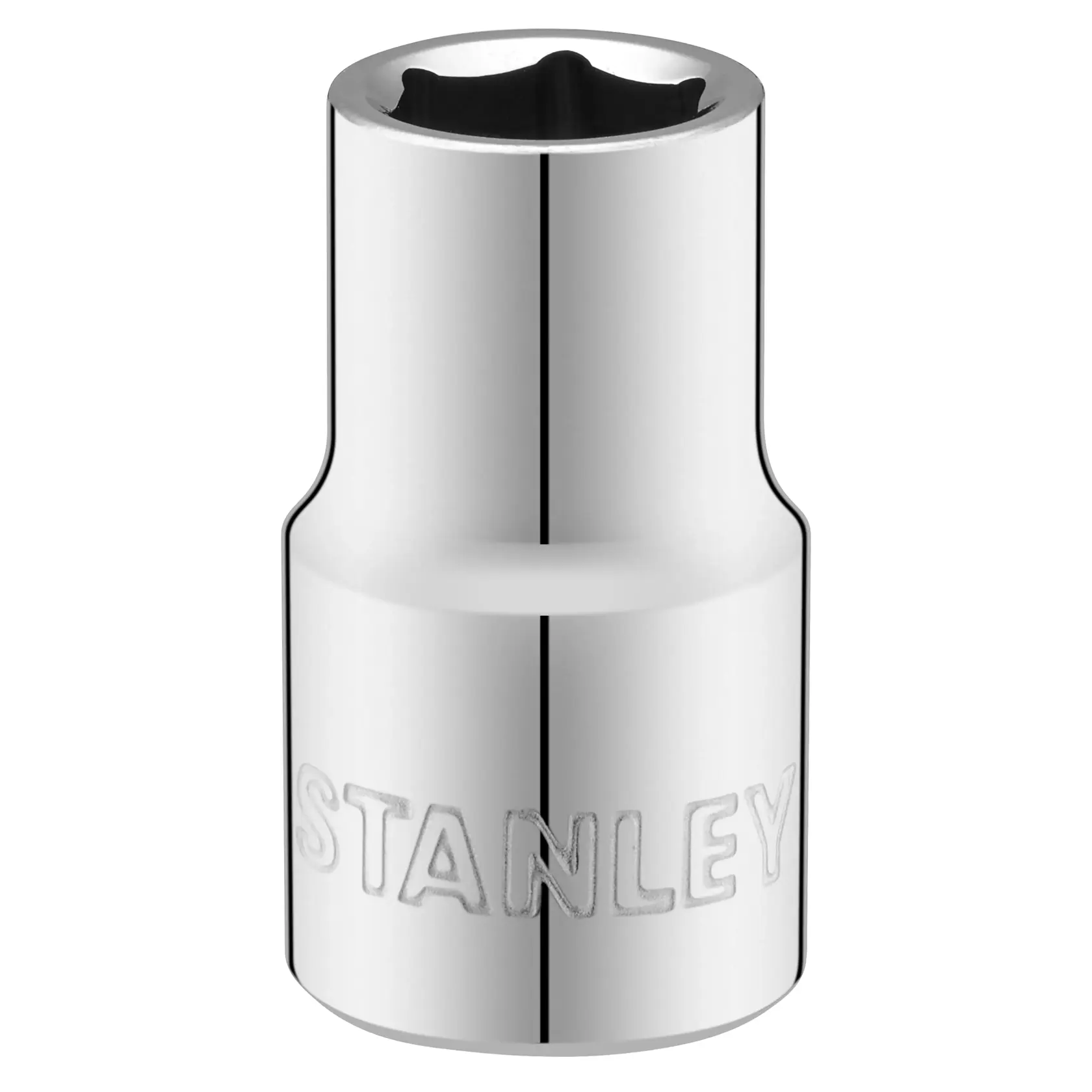 STANLEY STMT86512-0 Chrom-Steckschlüssel, polierte Oberfläche, Nahaufnahme vor weißem Hintergrund.