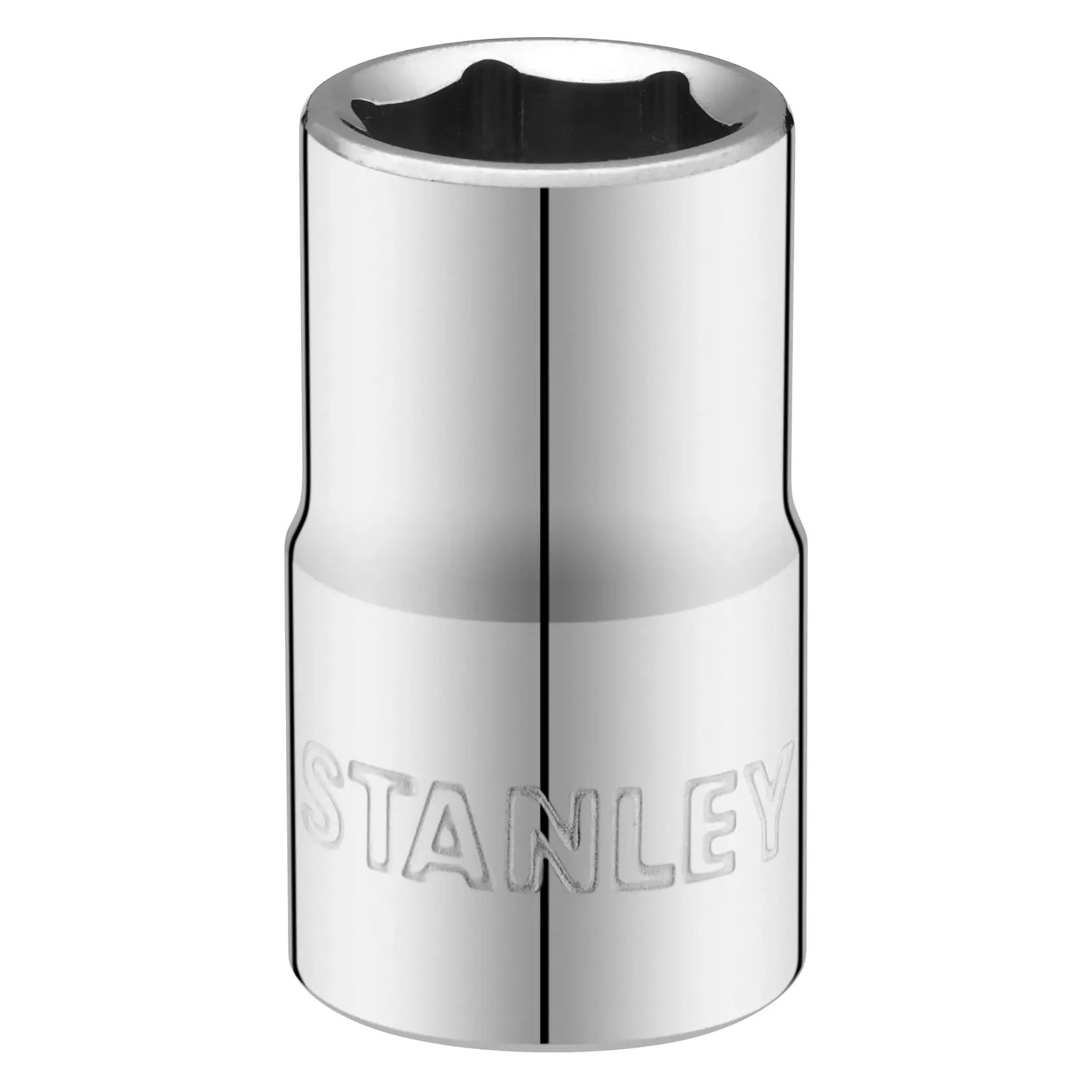 STANLEY STMT86514-0 Chrom-Steckschlüssel, geprägtes Logo, Werkzeugzubehör, Vorderansicht, weißer Hintergrund.