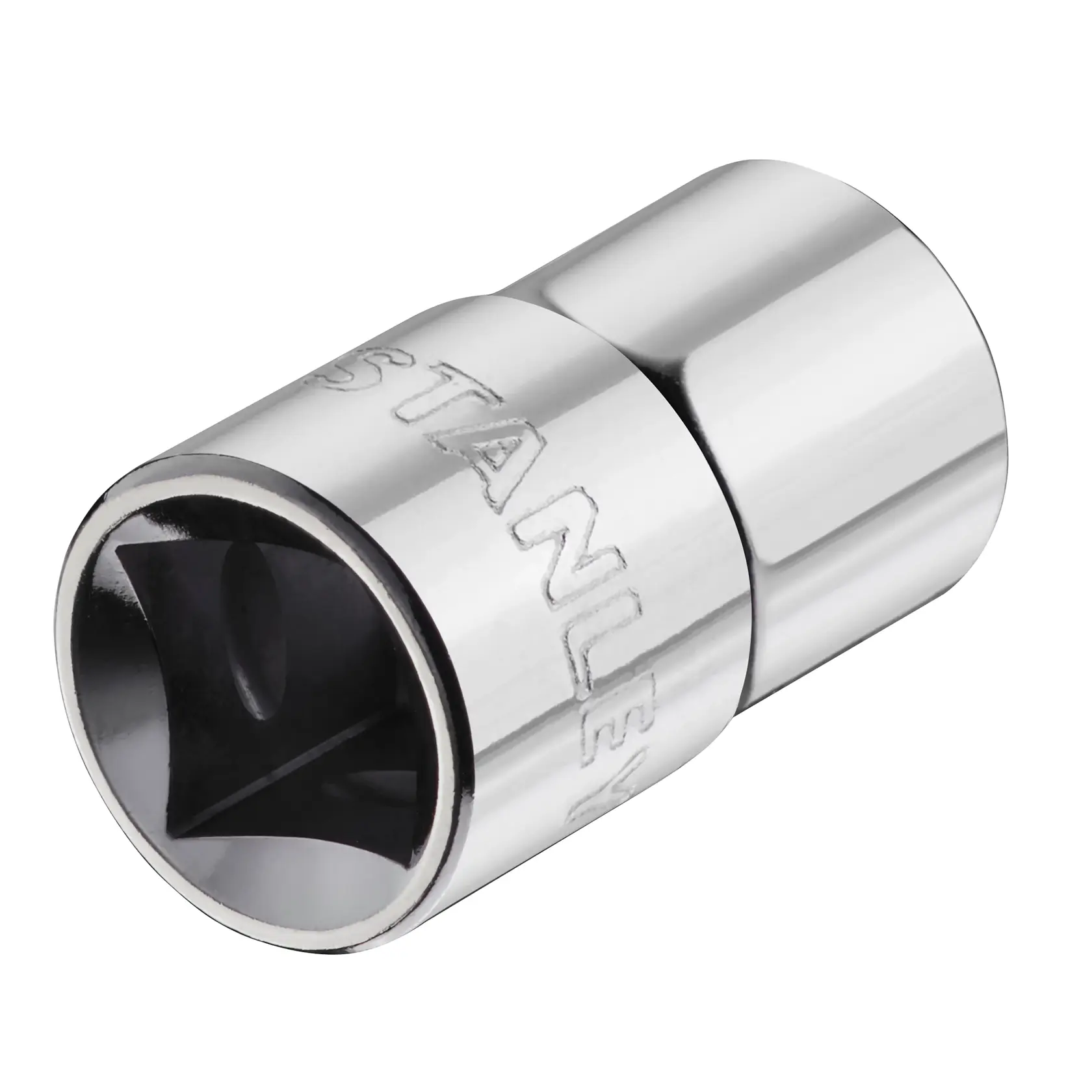 STANLEY STMT86514-0 Chrom-Adapter Fotografie, Winkel zeigt eingravierte Marke und Vierkant-Aufnahme.