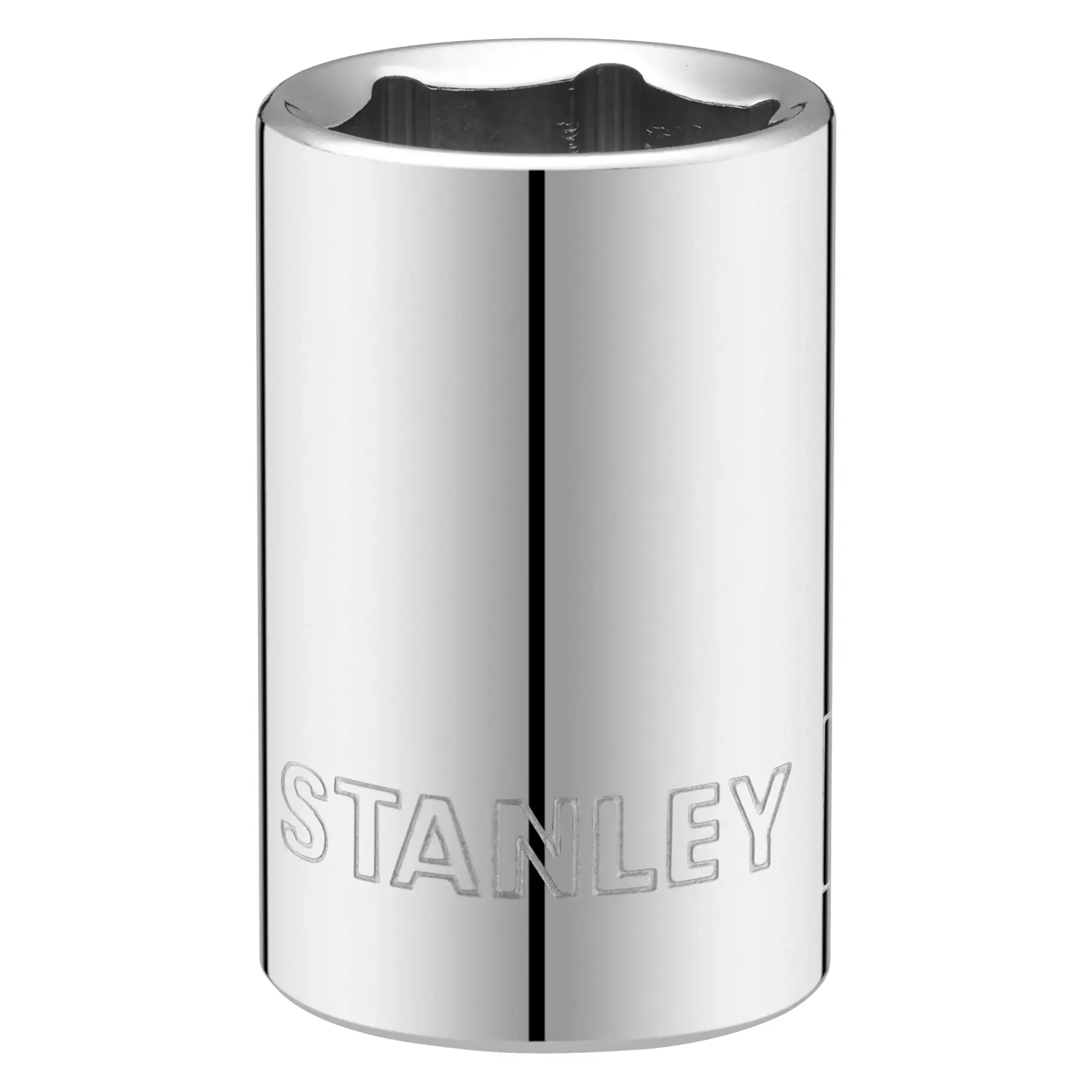 Foto der verchromten Stecknuss STANLEY STMT86517-0, zylindrisches Design, eingravierte Marke, Frontansicht, Werkzeugzubehör.