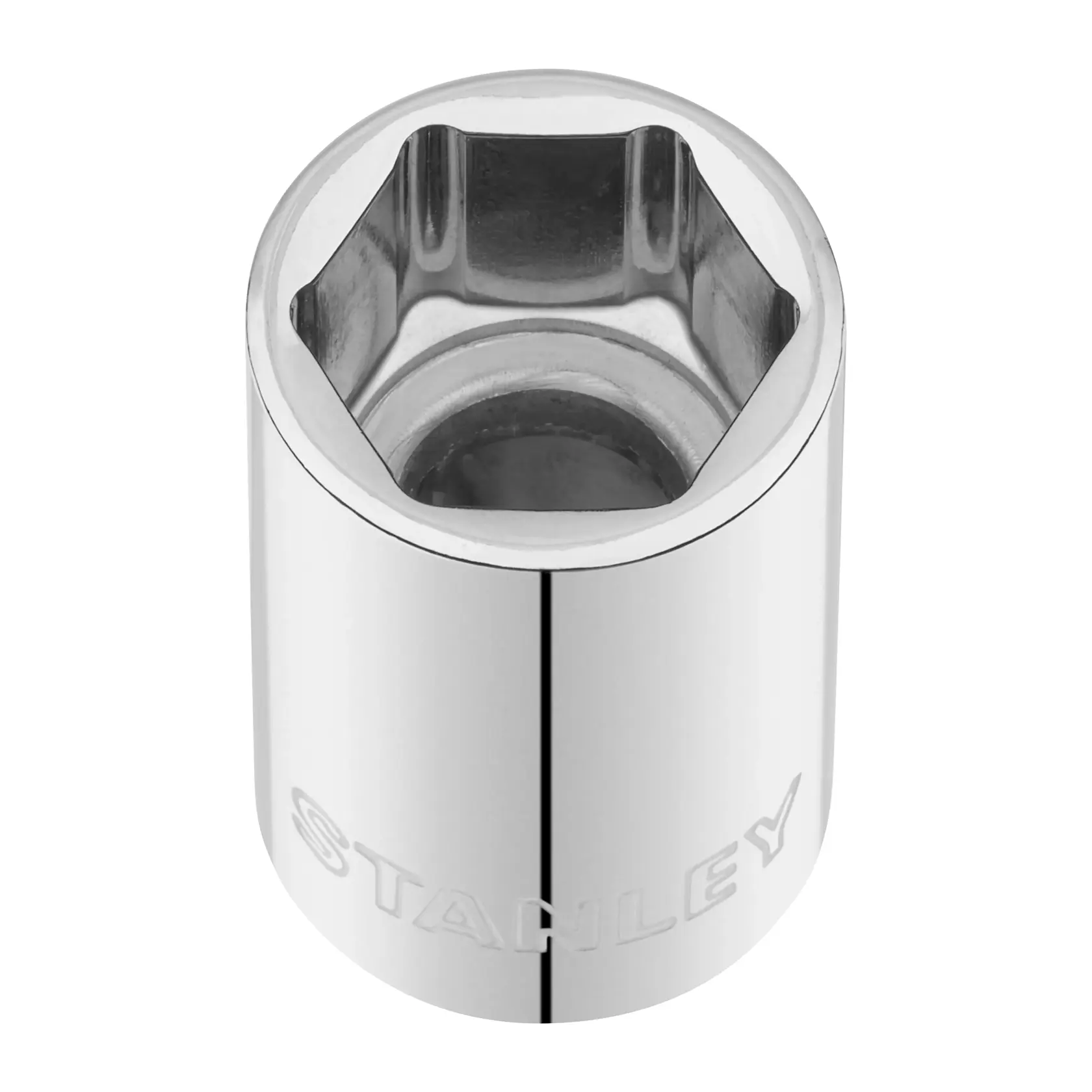 STANLEY STMT86518-0 Chrom-Steckschlüssel, Sechskant-Design, Nahaufnahme auf weißem Hintergrund.