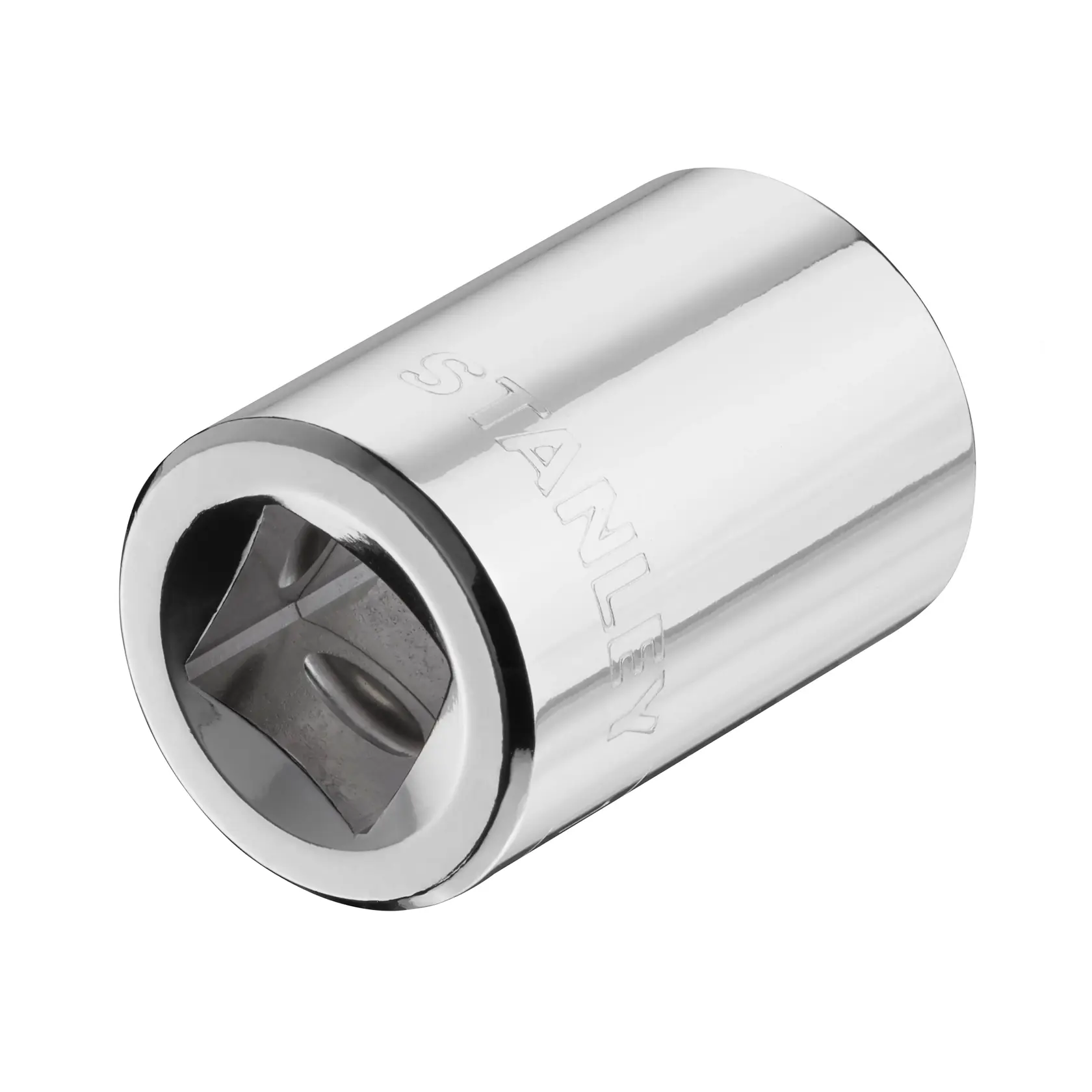 STANLEY STMT86519-0 Chrom-Stecknuss, Seitenansicht, weißer Hintergrund, Markenname auf Oberfläche graviert.