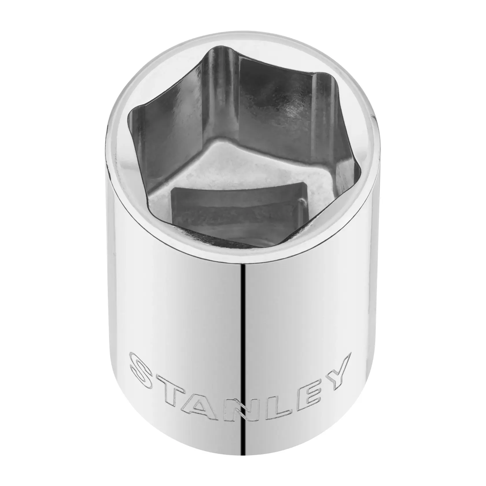 STANLEY STMT86520-0 Chrom-Stecknuss, sechseckiges Design, Handwerkzeugzubehör, Draufsicht auf weißem Hintergrund.