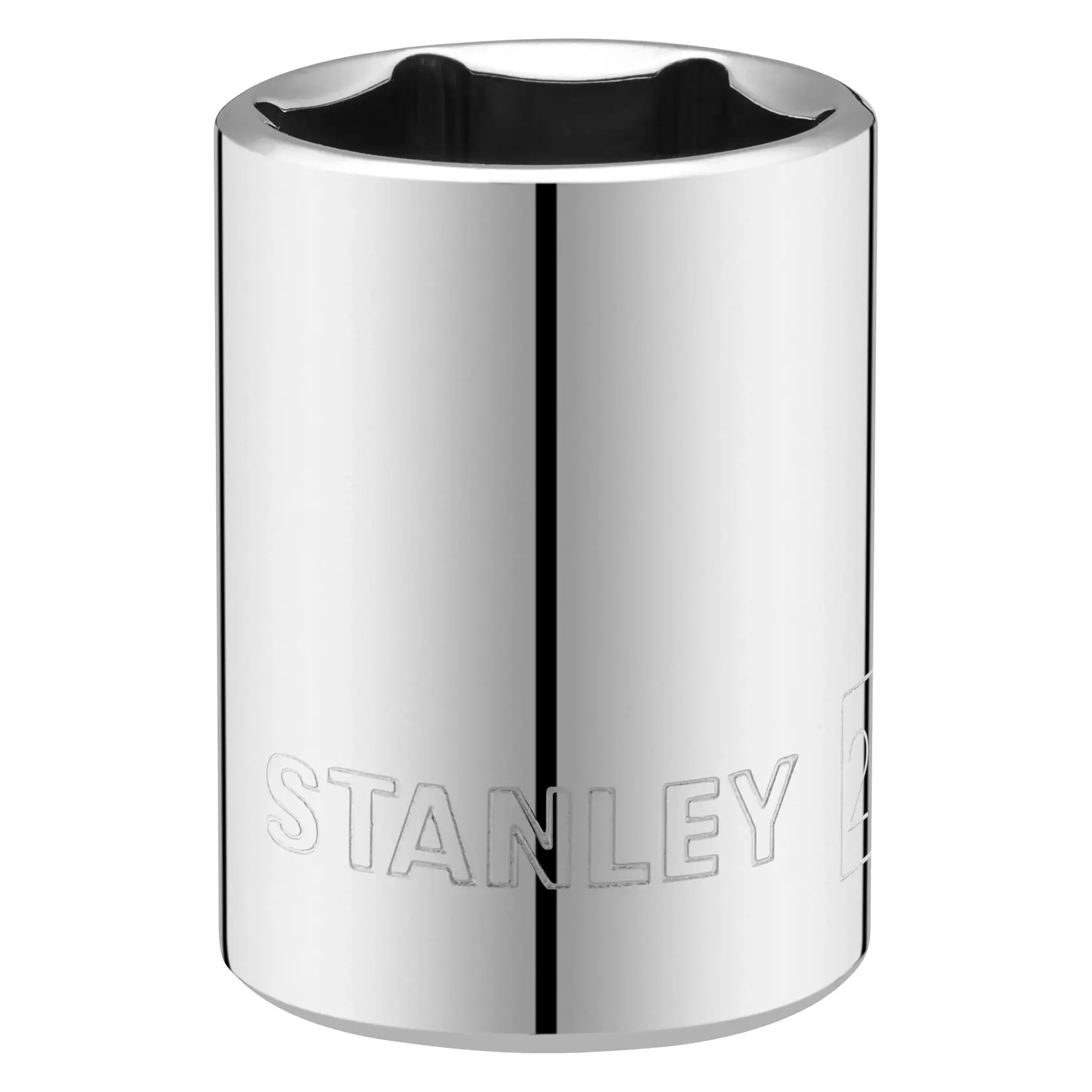 Foto der STANLEY STMT86521-0 Chrom-Stecknuss, zylindrisches Handwerkzeug mit graviertem Logo, Frontansicht.
